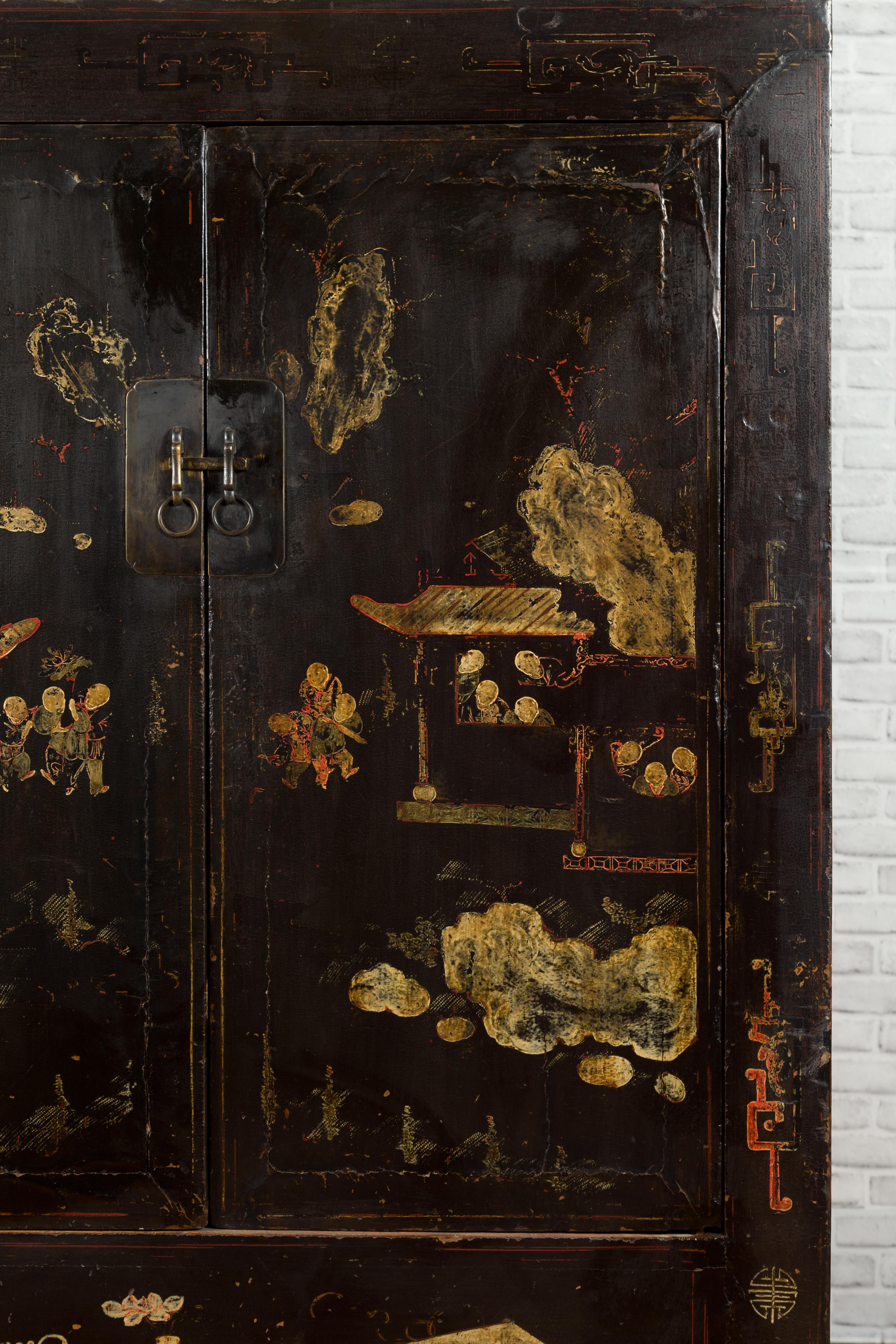 Lacquered Qing Dynasty Two-Door Cabinet with Hand-Painted Décor and Original Black Lacquer For Sale