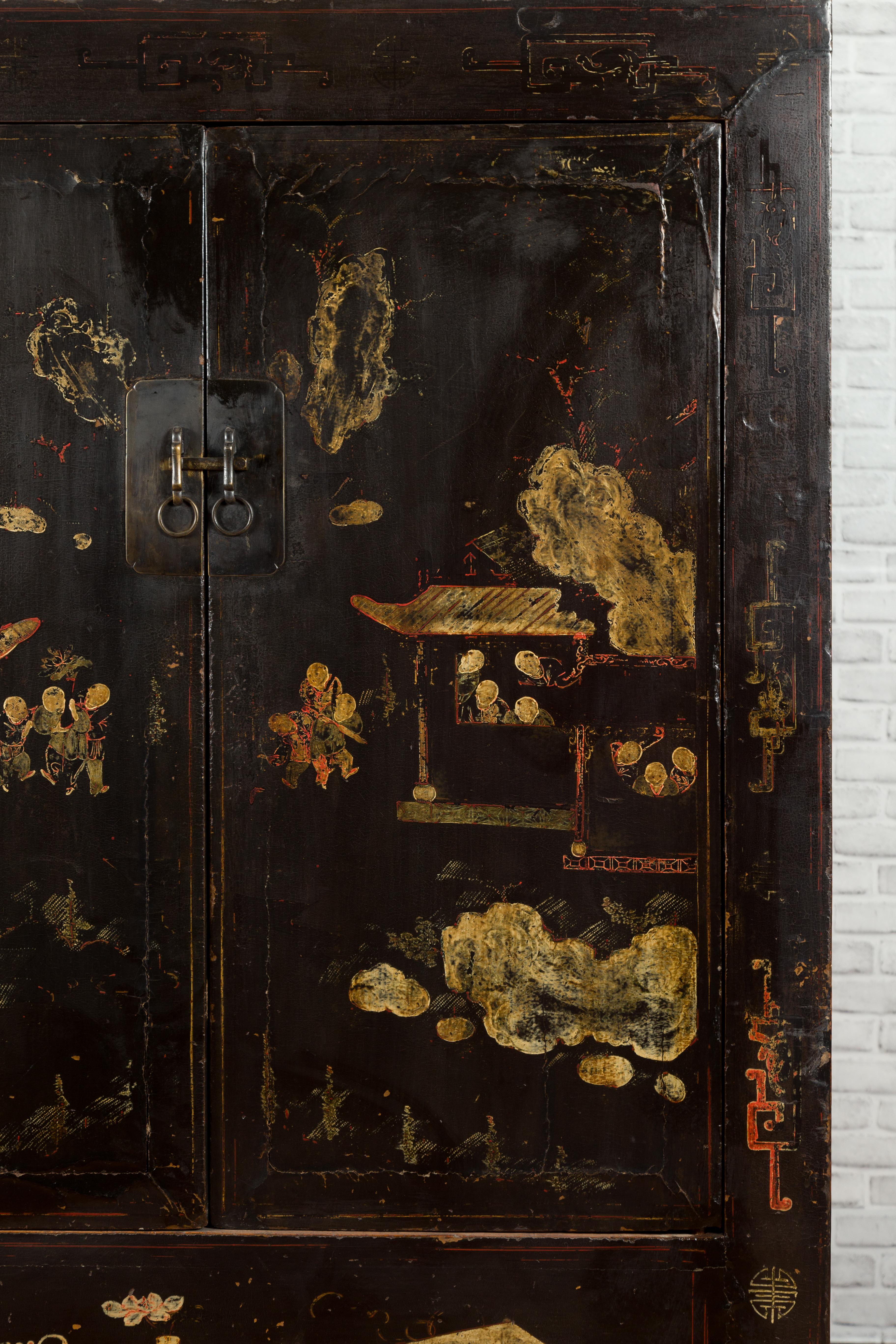 Chinese Qing Two-Door Cabinet with Hand-Painted Décor and Original Black Lacquer In Good Condition For Sale In Yonkers, NY