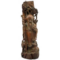 Chinese Qing Well Carved Wood Figure of Shou Lao, circa 1900