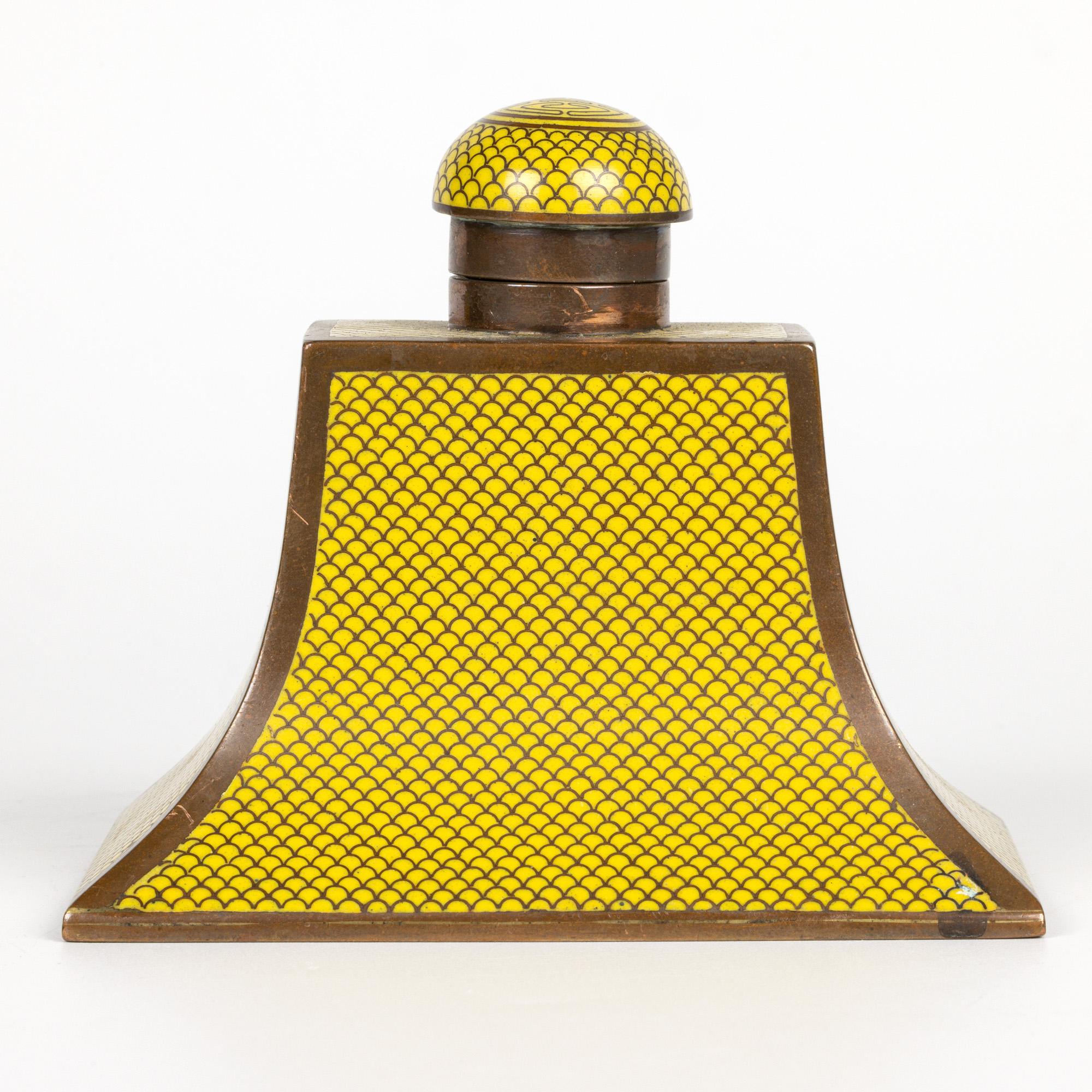 A rare and exceptional antique Chinese Qing yellow cloisonne enamel writing or desk dating from the latter 19th century. The set comprises a lidded inkwell, a hinge lidded box, a pen tray and a nib pen. Each has a very fine wire work pattern set