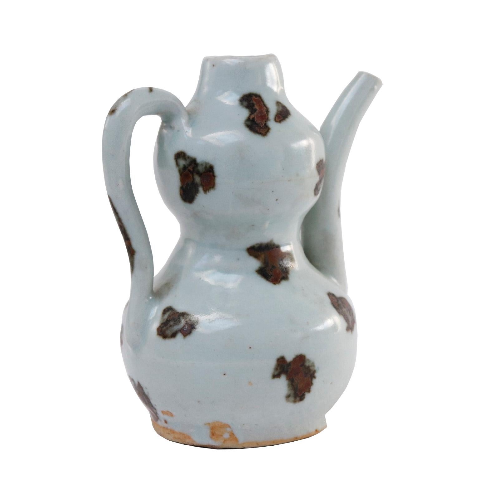 Glazed Chinese Qingbai Gourd-Shaped Spotted Ewer, Yuan Dynasty For Sale