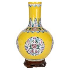 Chinese Quality Modern Qianlong Mark Floral Painted Imperial Yellow Vase