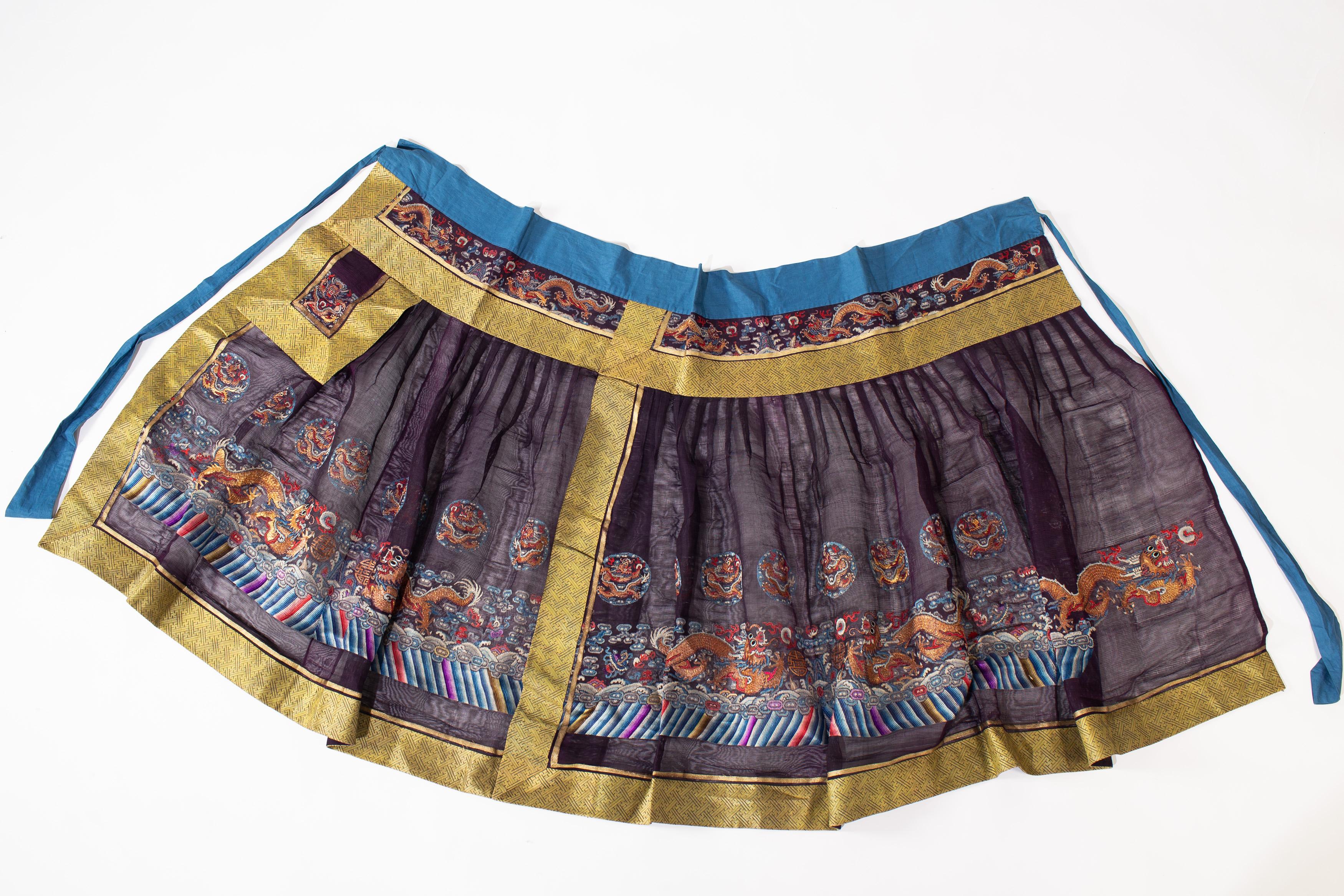 Brown  Chinese Qun Qing Dynasty Skirt with Medallions Five Clawed Dragon Lishui Waves For Sale