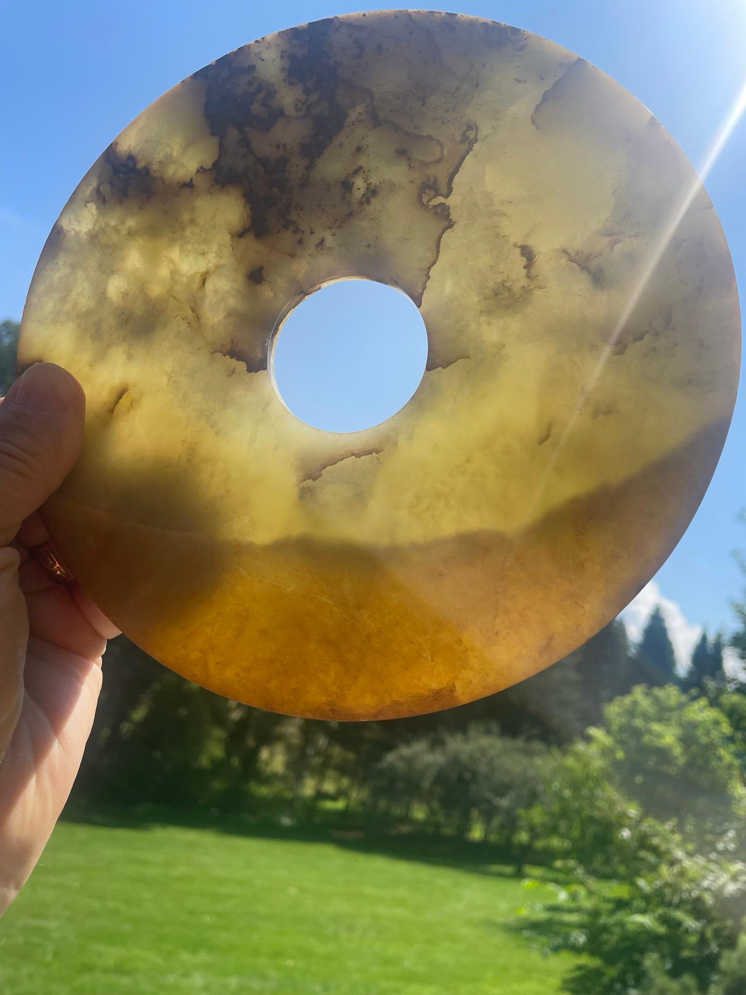 Chinese Rare Large Earthy Green And Yellow Jade Bi Disc with Vibrant Colors For Sale 9