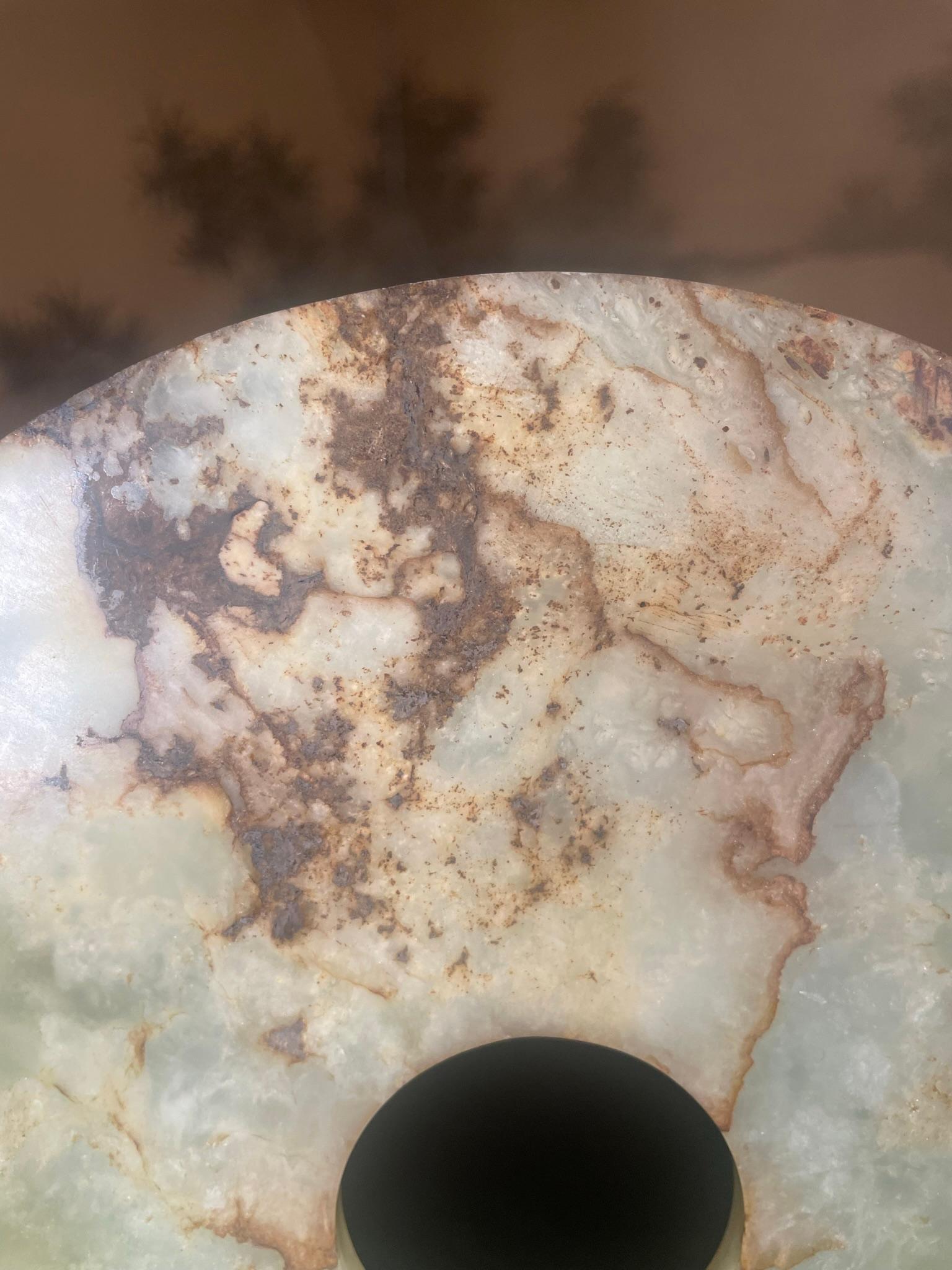 Chinese Rare Large Earthy Green And Yellow Jade Bi Disc with Vibrant Colors In Good Condition For Sale In South Burlington, VT