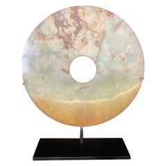 Chinese Rare Large Earthy Green And Yellow Jade Bi Disc with Vibrant Colors