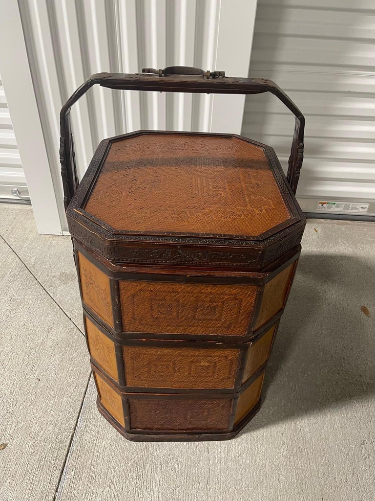 Chinese Rattan and Bamboo Wedding or Lunch Basket with Brass Decor, Circa 1950s In Good Condition For Sale In Savannah, GA
