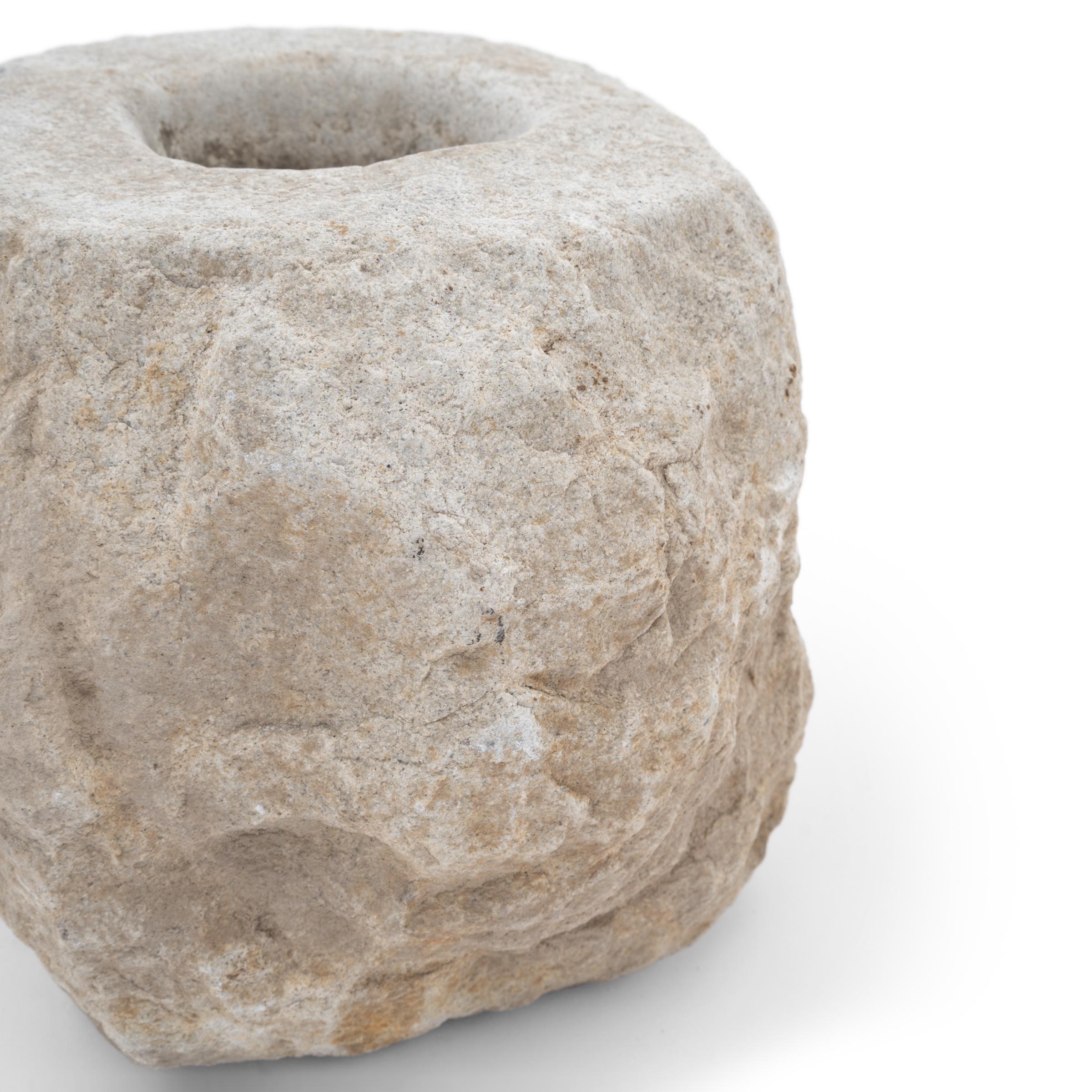 Hand-Carved Chinese Raw Stone Mortar, c. 1900 For Sale