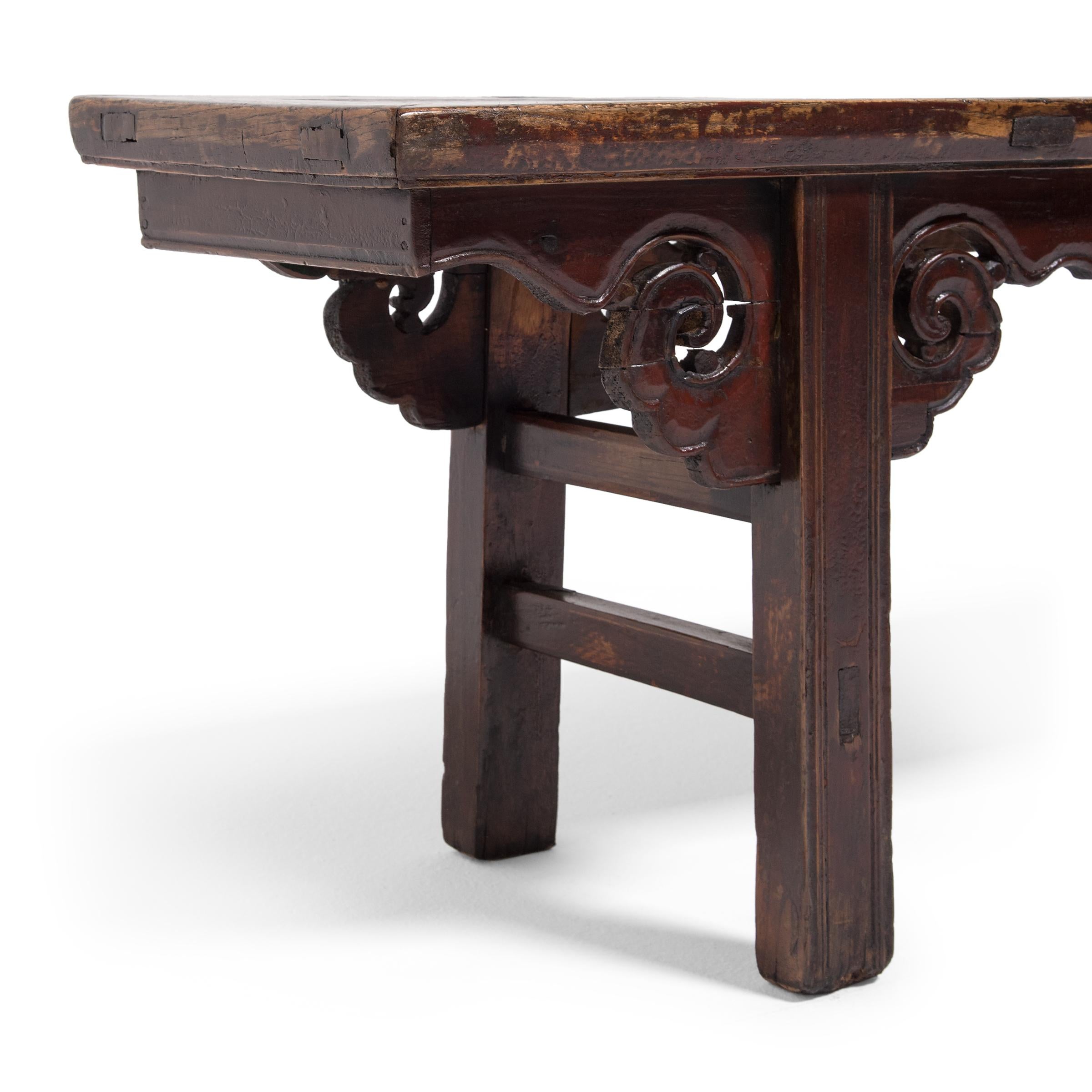 Elm Chinese Recessed Leg Bench with Cloud Spandrels, c. 1900