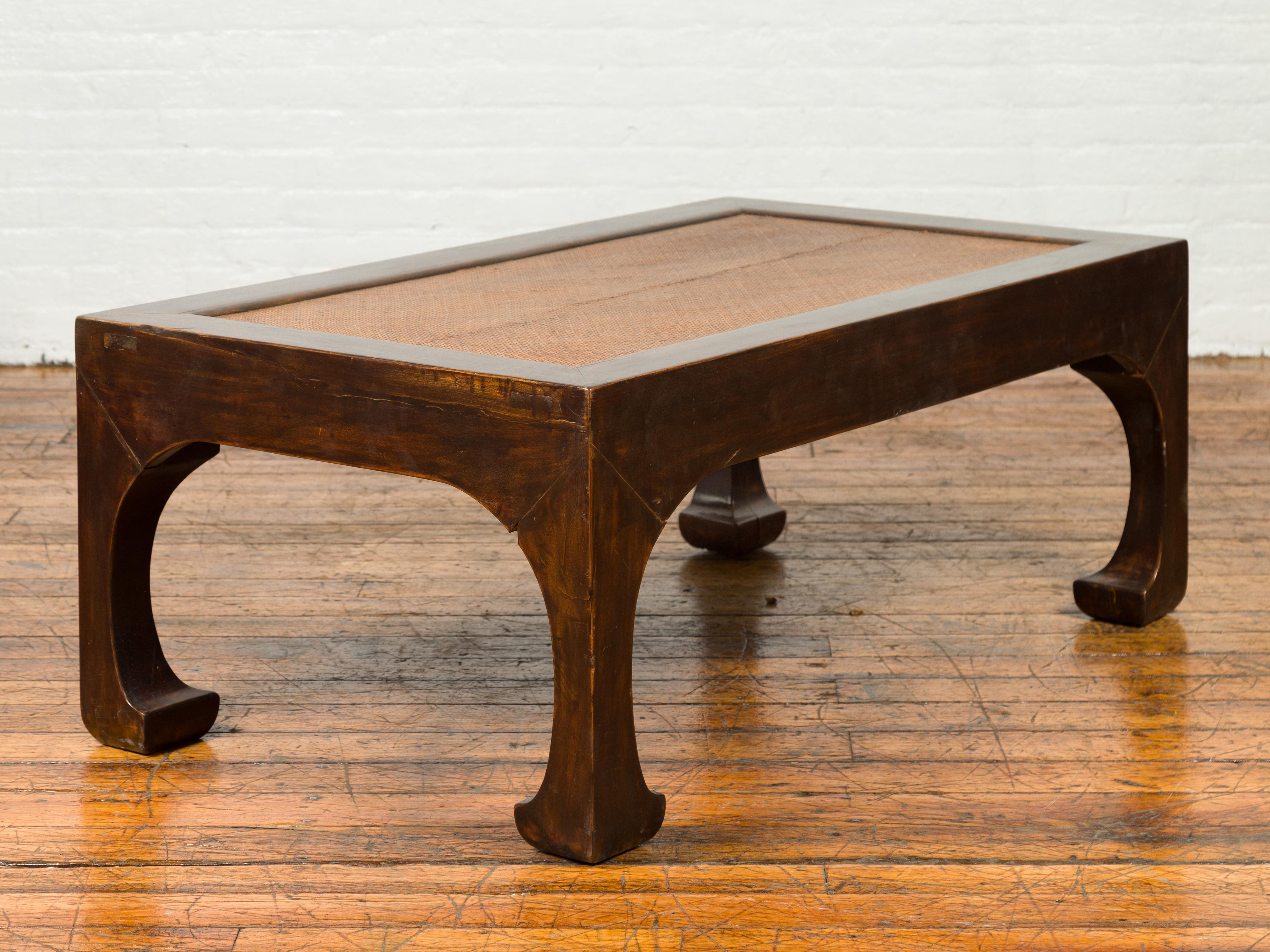 Chinese Rectangular Coffee Table with Rattan Inset Top and Chow Legs In Good Condition In Yonkers, NY