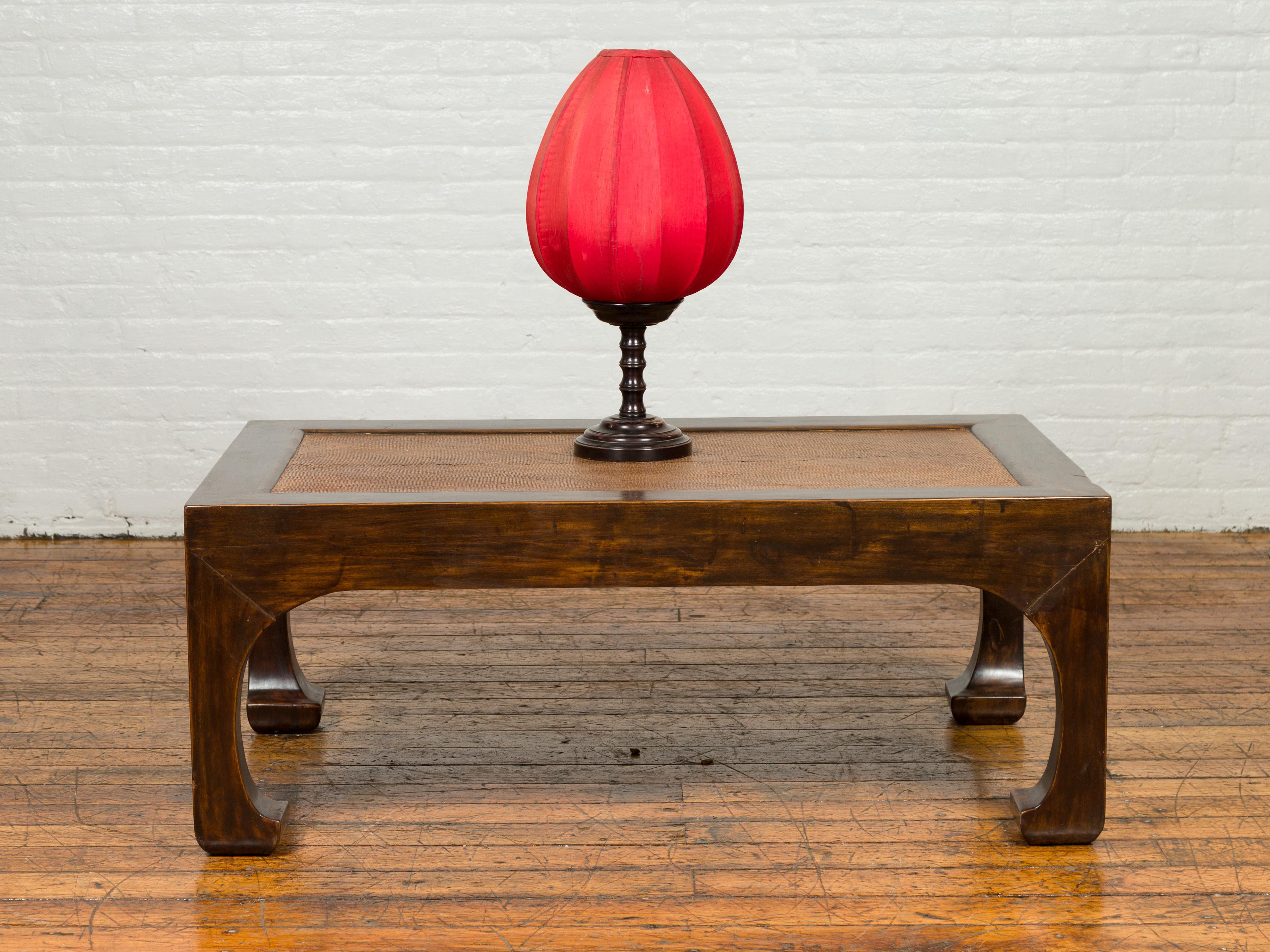 20th Century Chinese Rectangular Coffee Table with Rattan Inset Top and Chow Legs