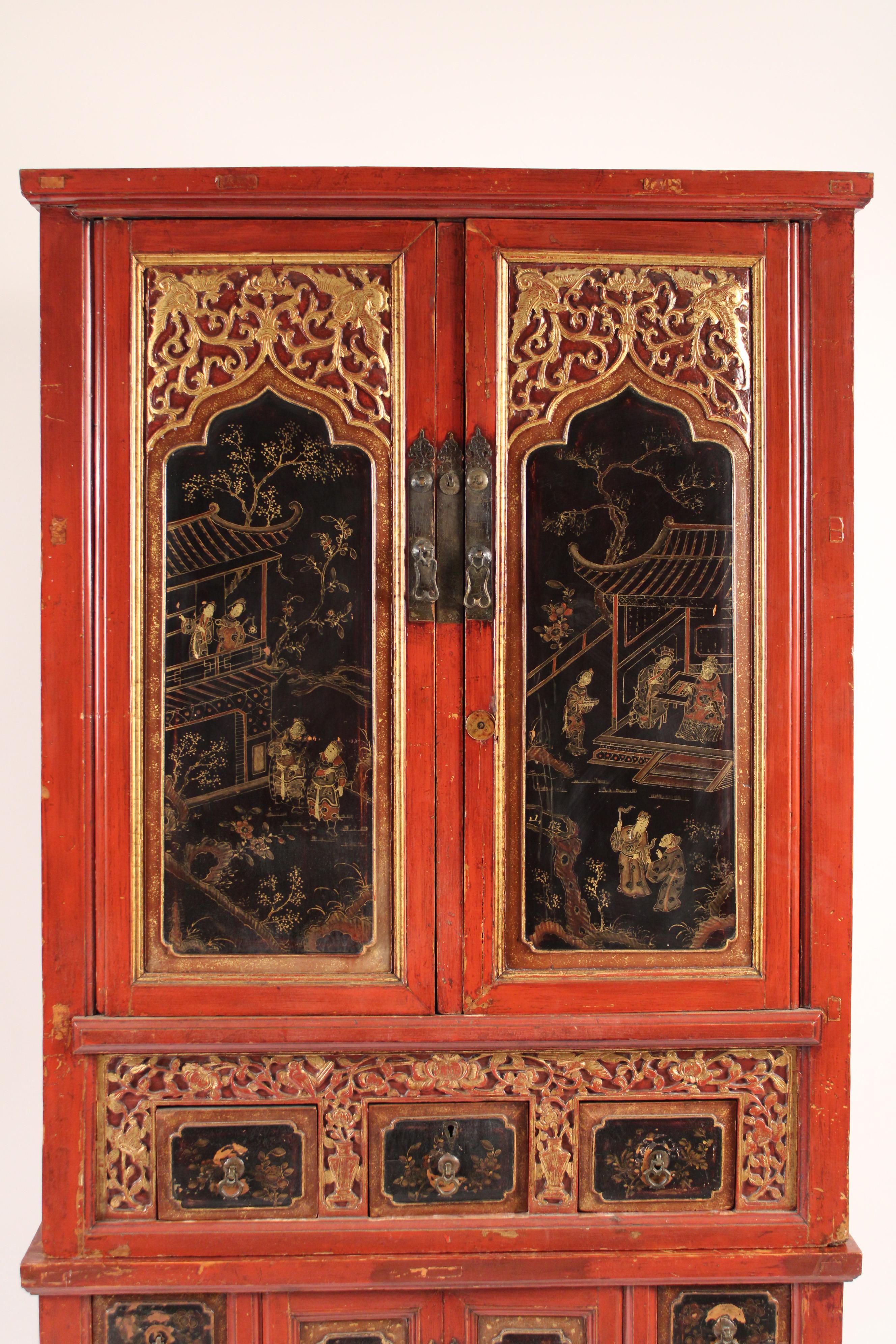Chinese Red and Black Lacquer Chinoiserie Decorated Cabinet In Good Condition In Laguna Beach, CA