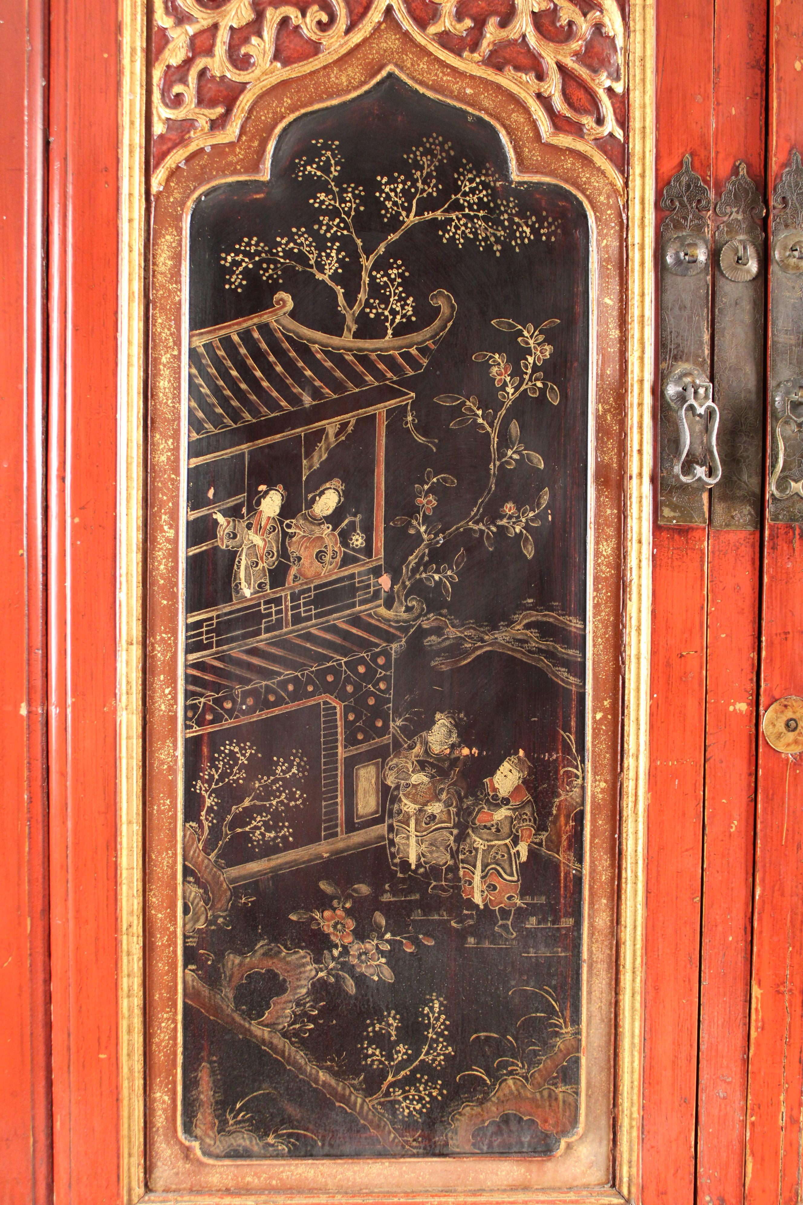 Mid-20th Century Chinese Red and Black Lacquer Chinoiserie Decorated Cabinet