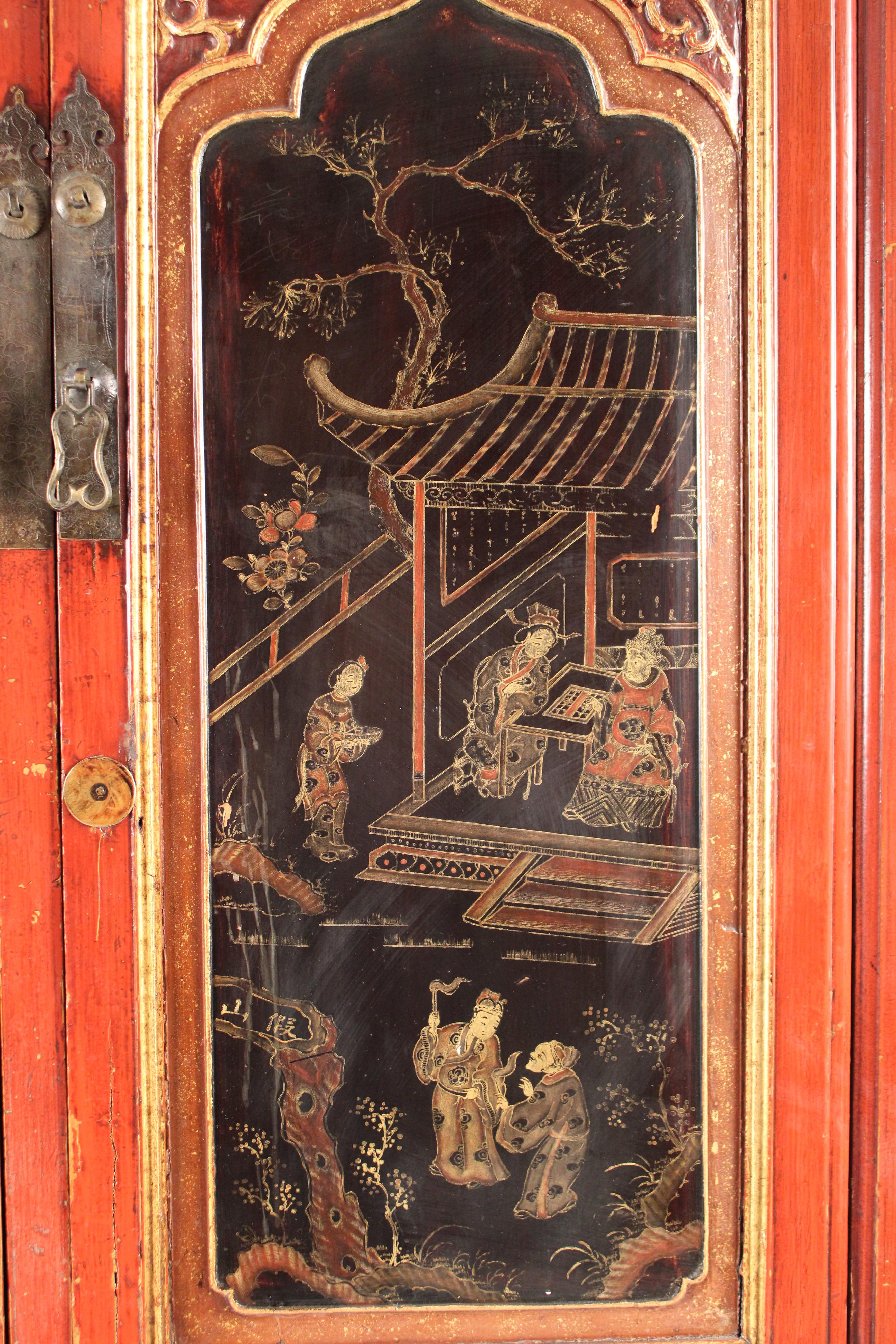 Wood Chinese Red and Black Lacquer Chinoiserie Decorated Cabinet