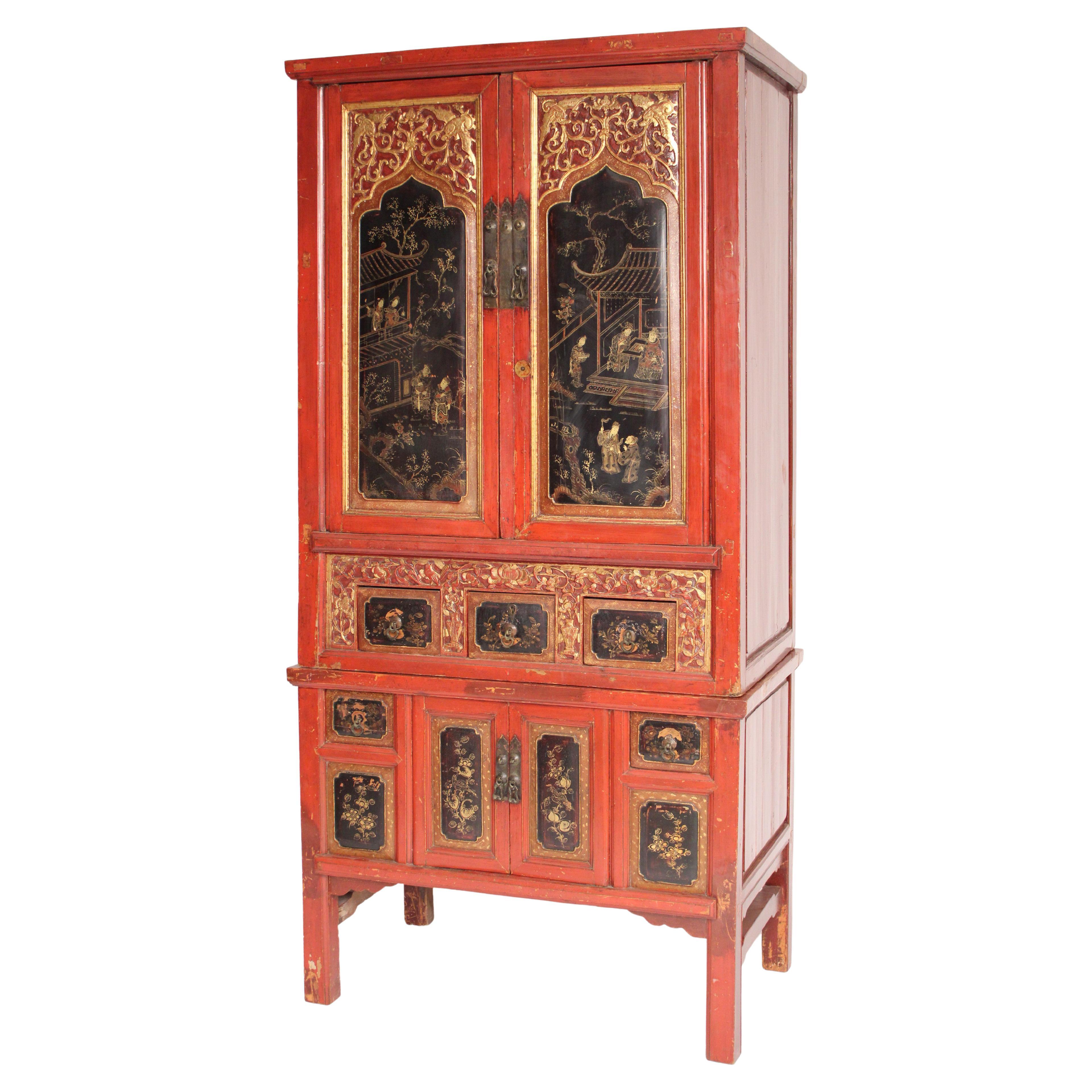 Chinese Red and Black Lacquer Chinoiserie Decorated Cabinet