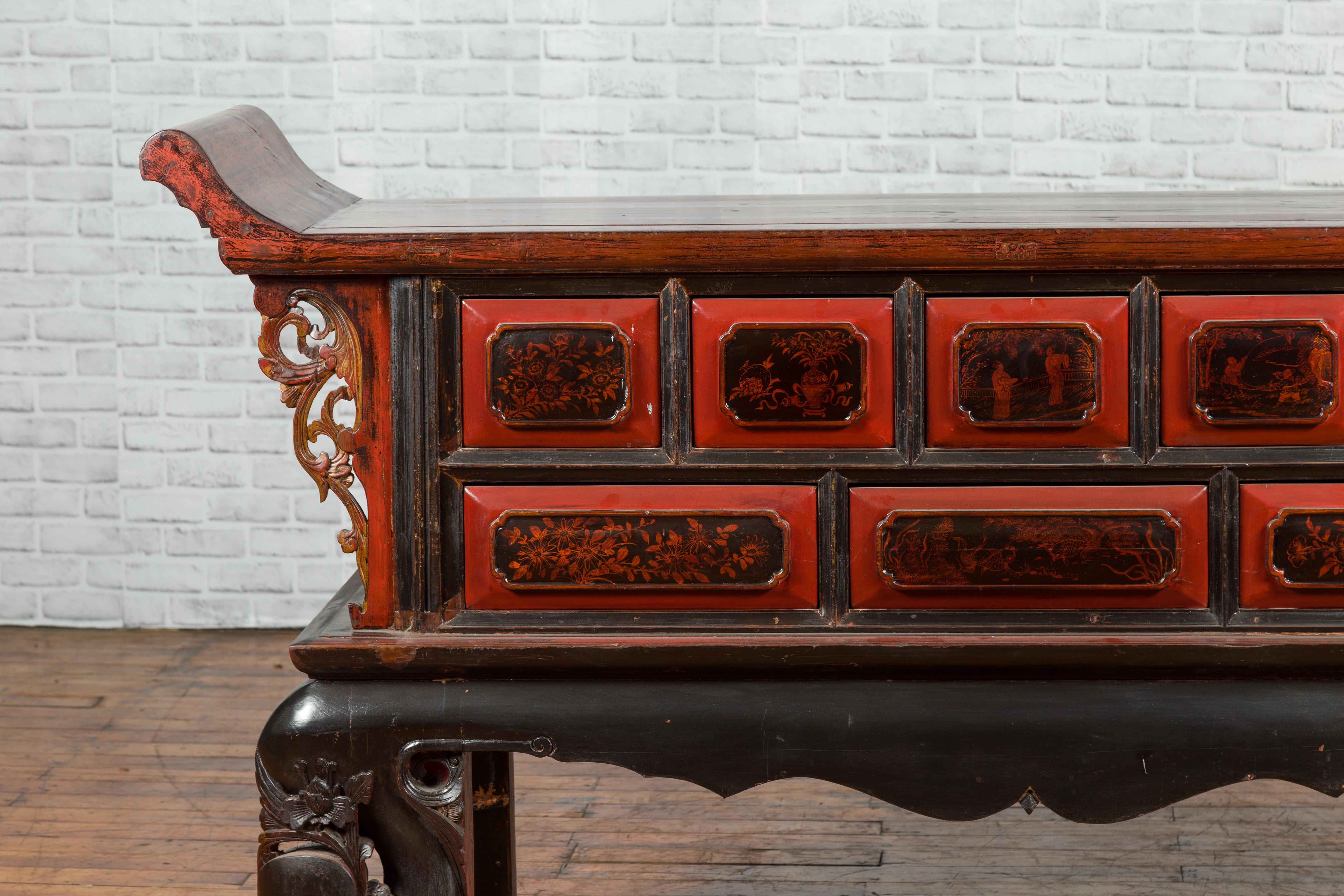 Carved Chinese Qing Dynasty Red and Black Lacquered 19th Century Altar Coffer Table For Sale