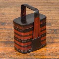 Red and Black Lacquered Tiered Lunch Box with Handle and Calligraphy