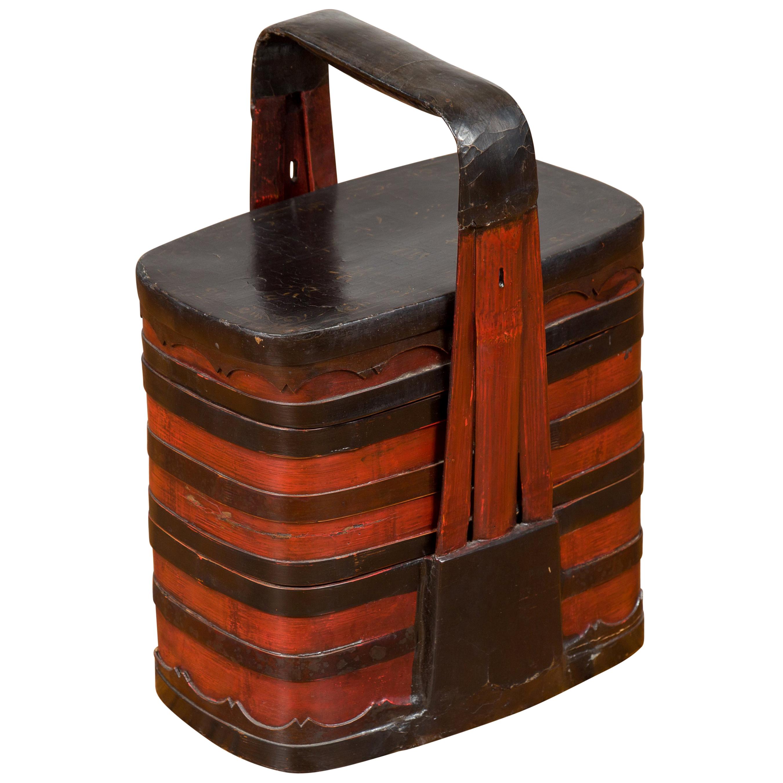 Chinese Red and Black Lacquered Tiered Lunch Box with Handle and Calligraphy