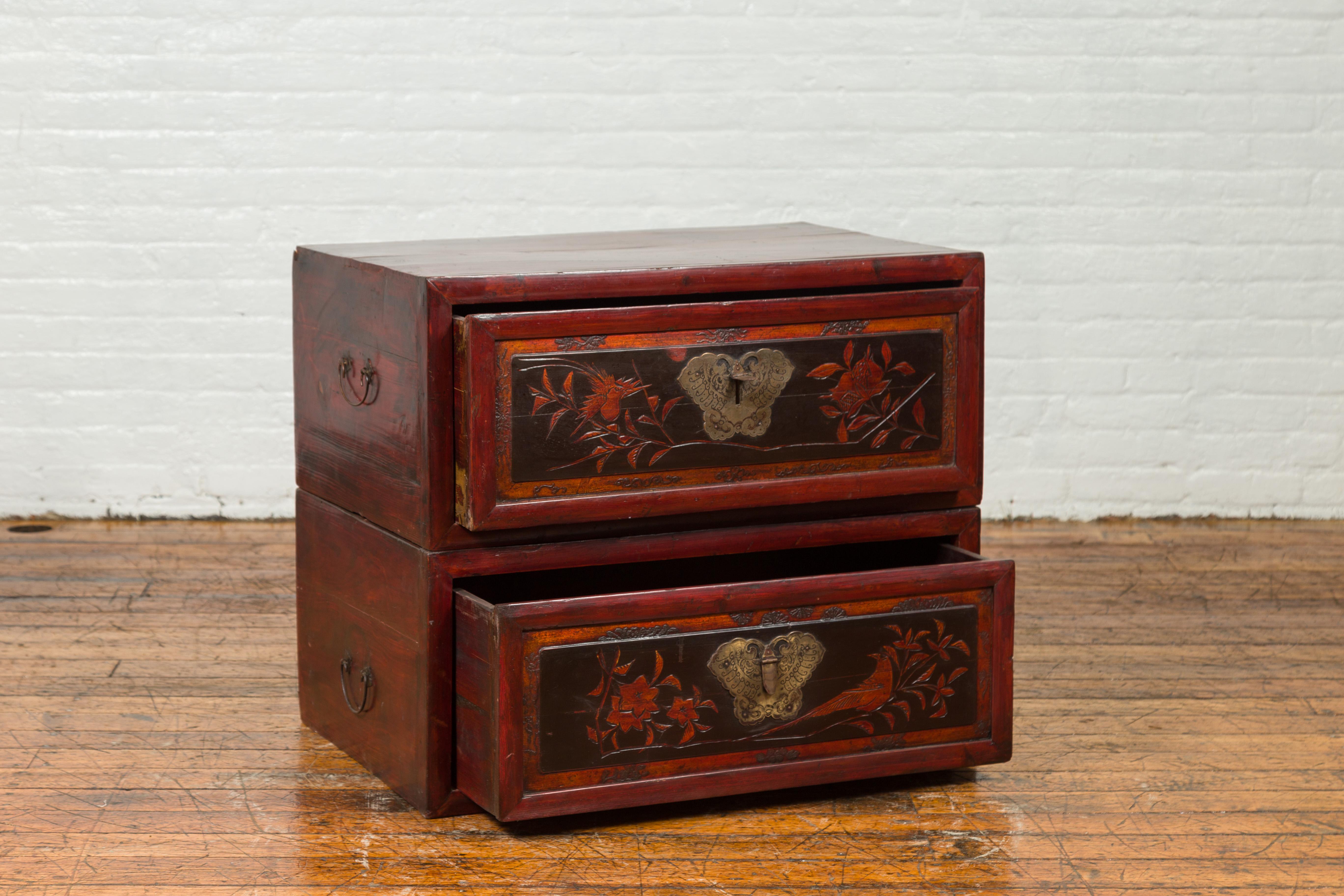 Chinese Red and Black Lacquered Two-Part Storage Cabinet with Bronze Hardware 4