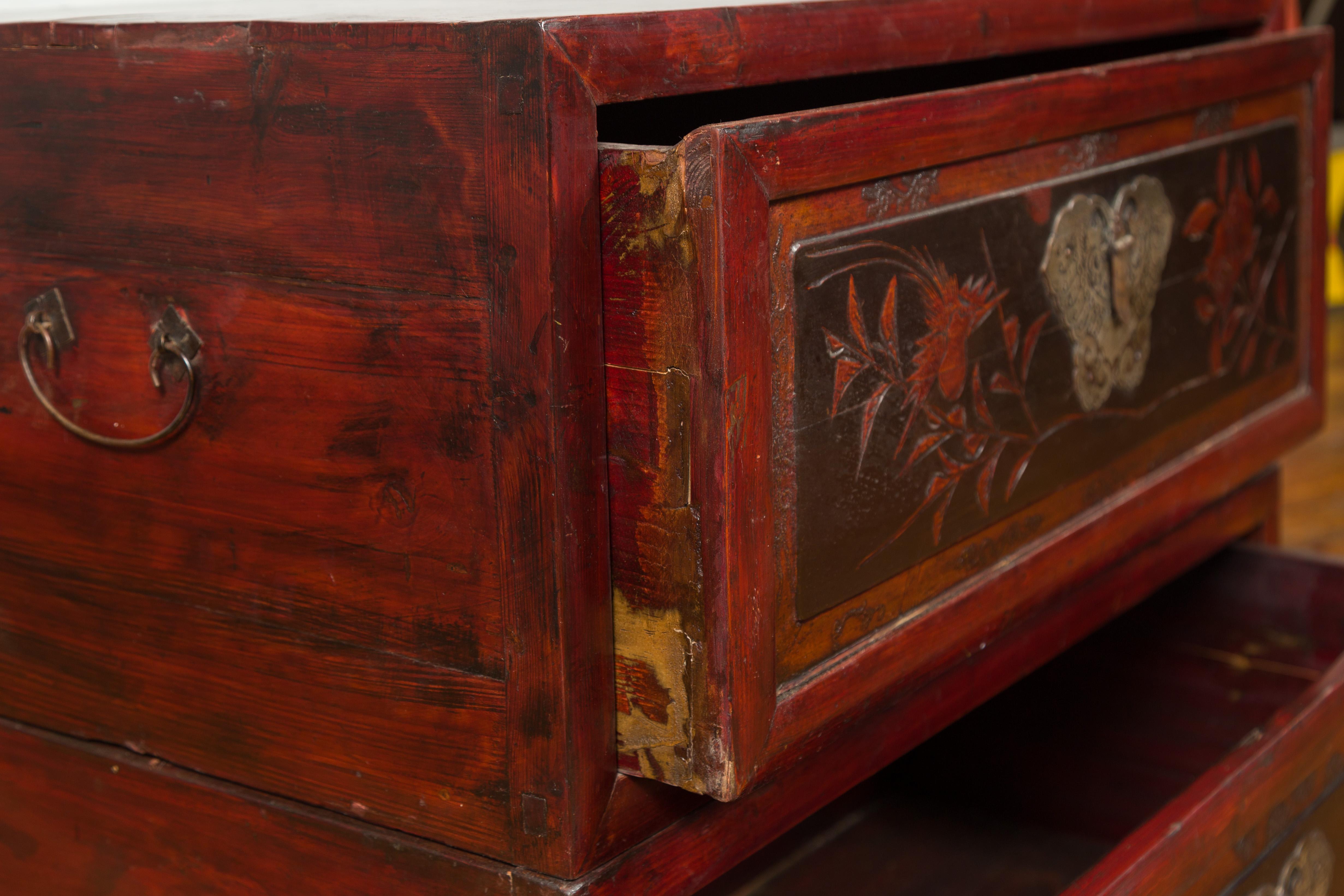Chinese Red and Black Lacquered Two-Part Storage Cabinet with Bronze Hardware 5