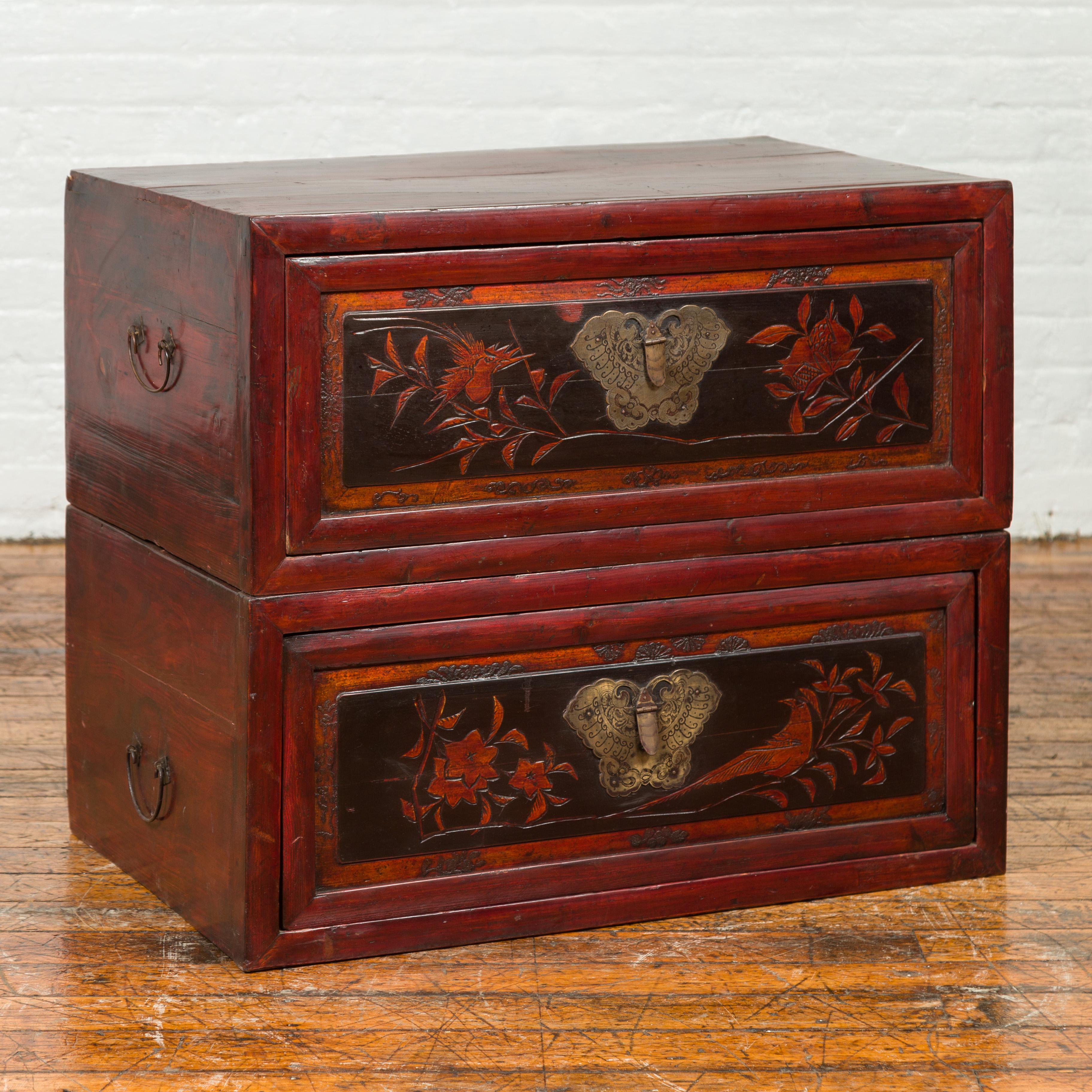 Chinese Red and Black Lacquered Two-Part Storage Cabinet with Bronze Hardware 6