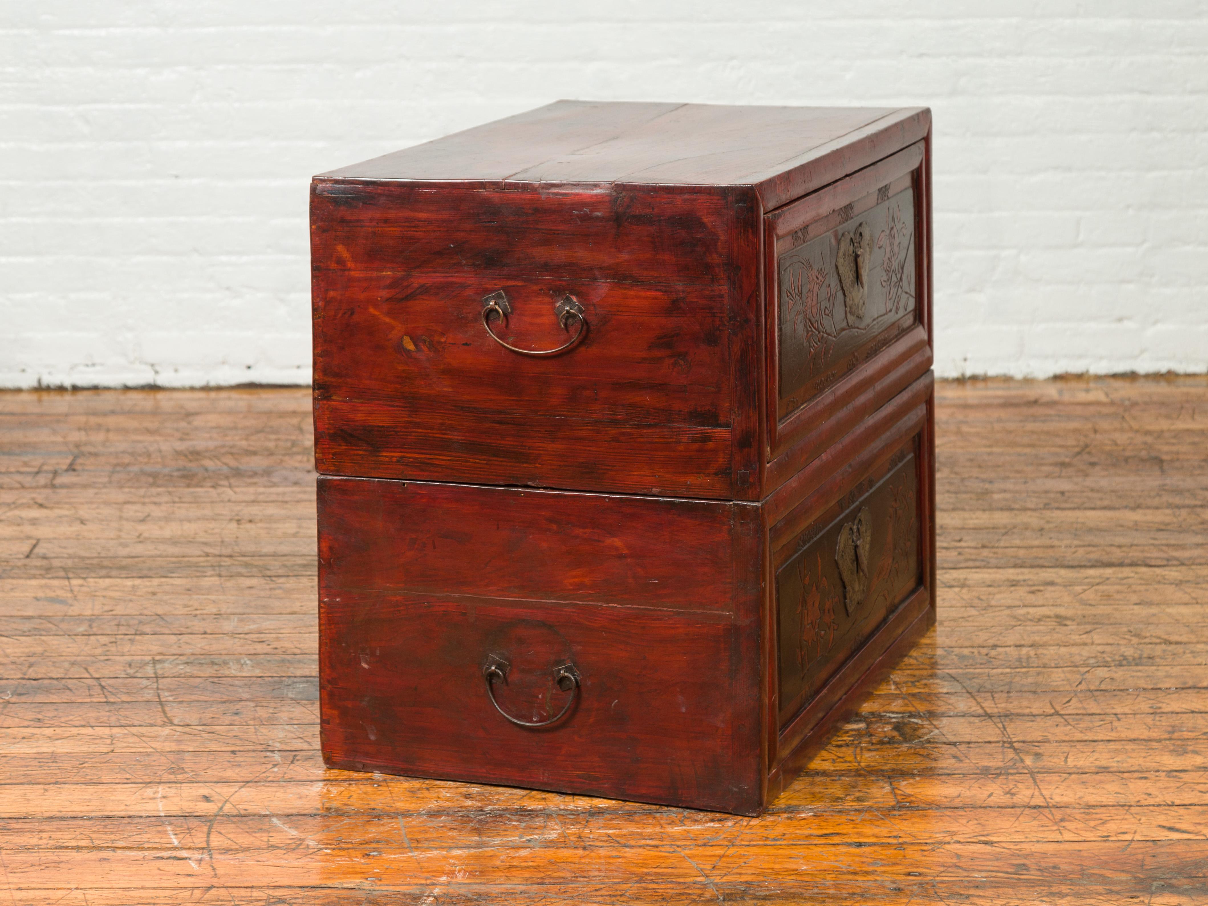 Chinese Red and Black Lacquered Two-Part Storage Cabinet with Bronze Hardware 7