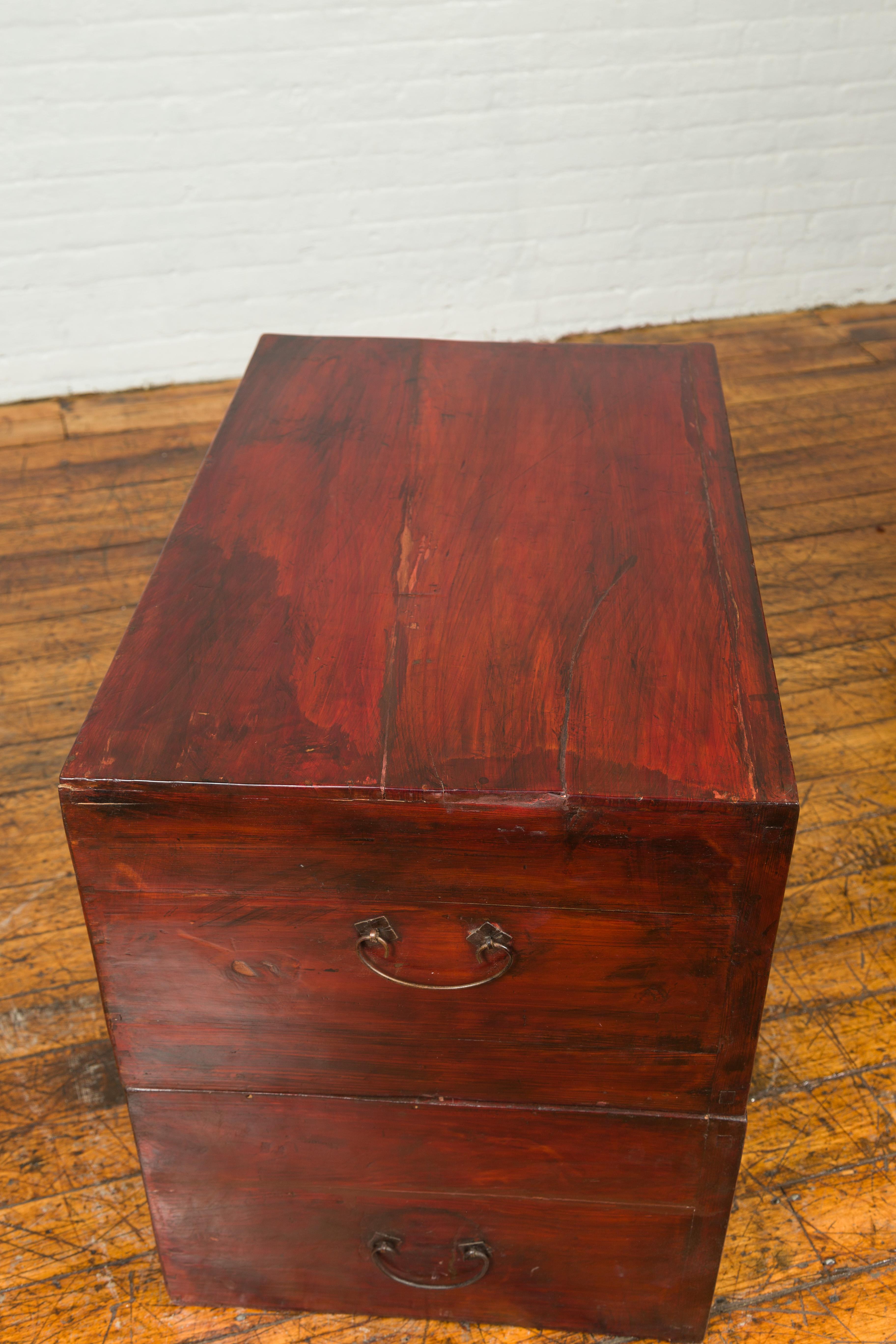 Chinese Red and Black Lacquered Two-Part Storage Cabinet with Bronze Hardware 8