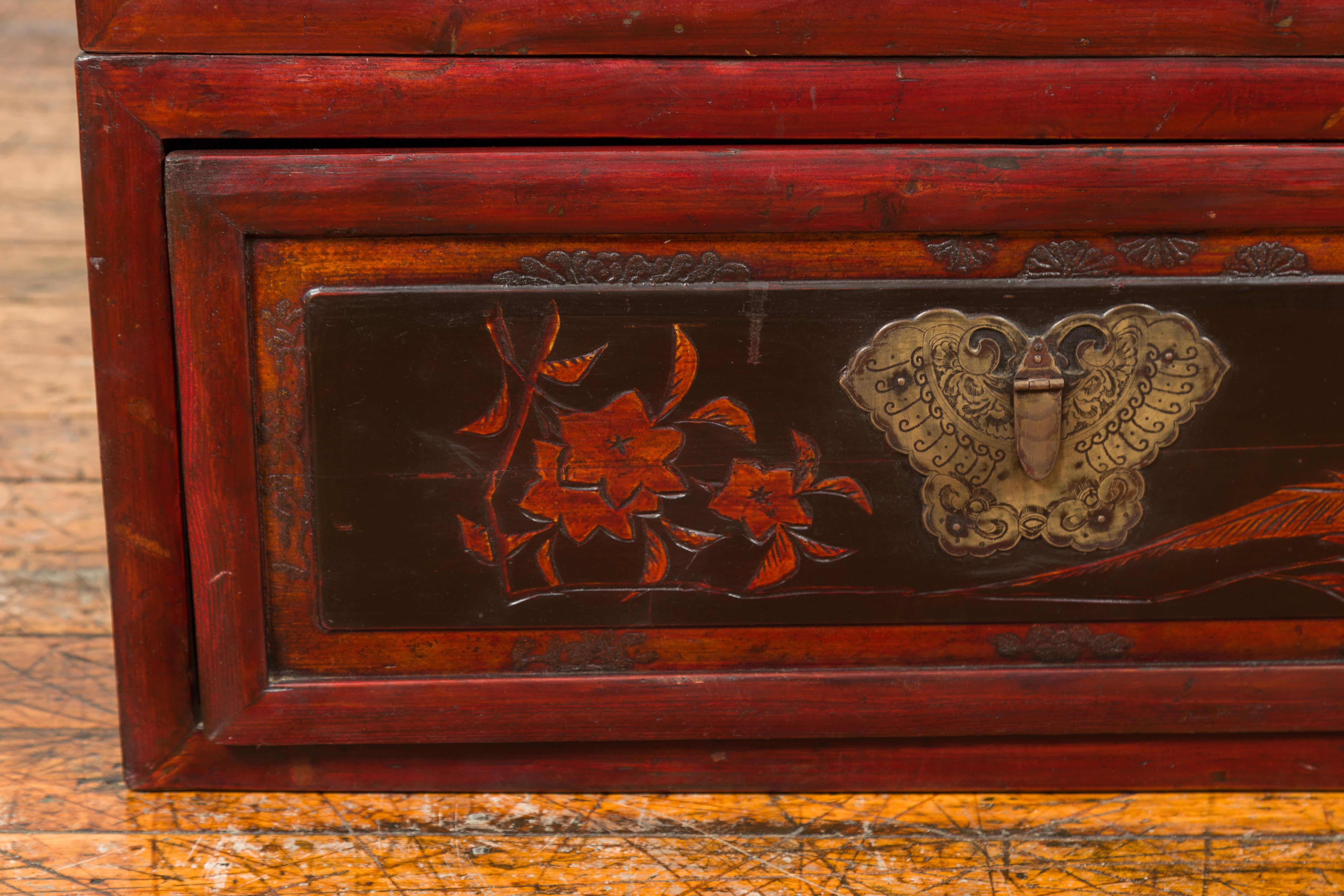 Chinese Red and Black Lacquered Two-Part Storage Cabinet with Bronze Hardware In Good Condition In Yonkers, NY