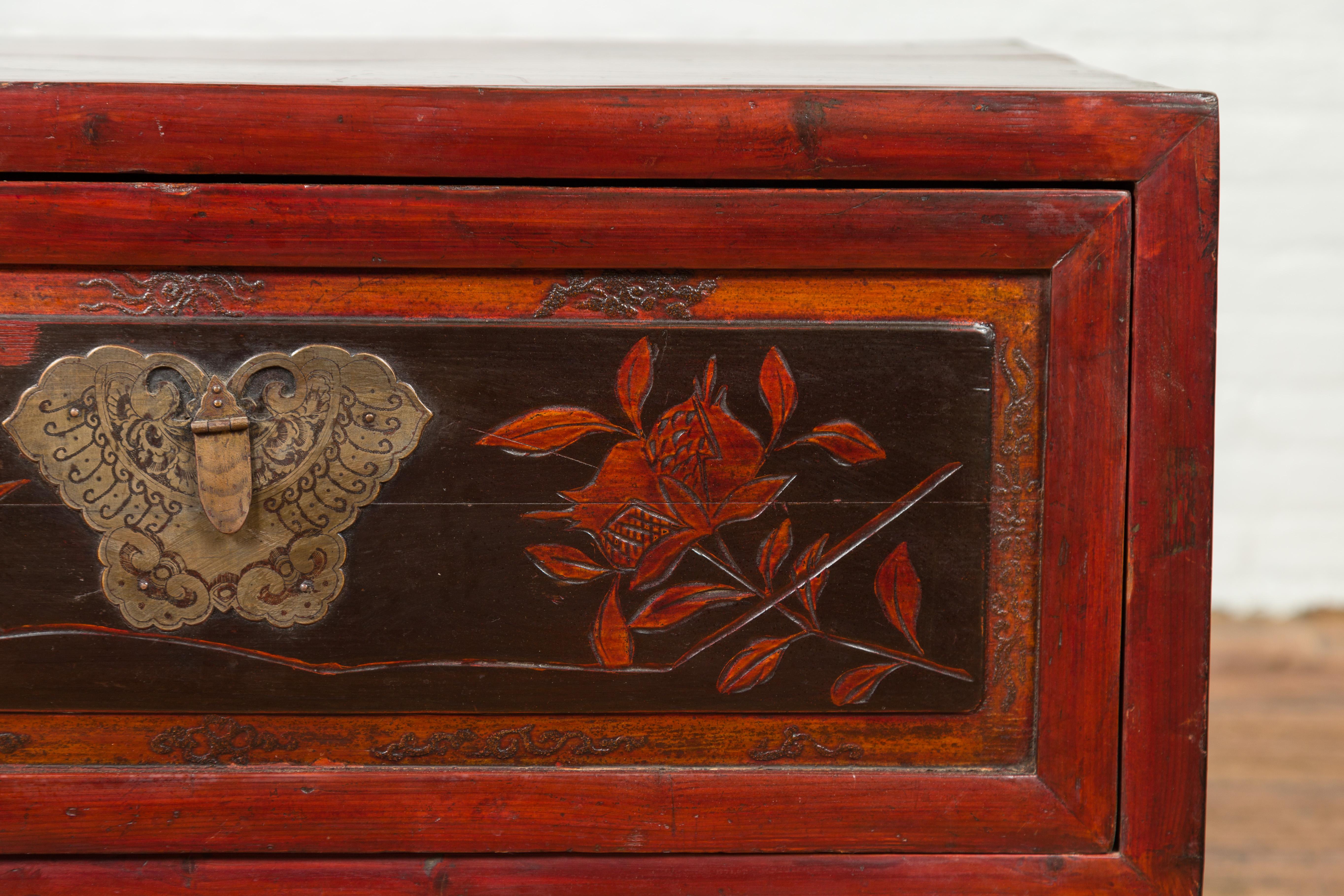20th Century Chinese Red and Black Lacquered Two-Part Storage Cabinet with Bronze Hardware