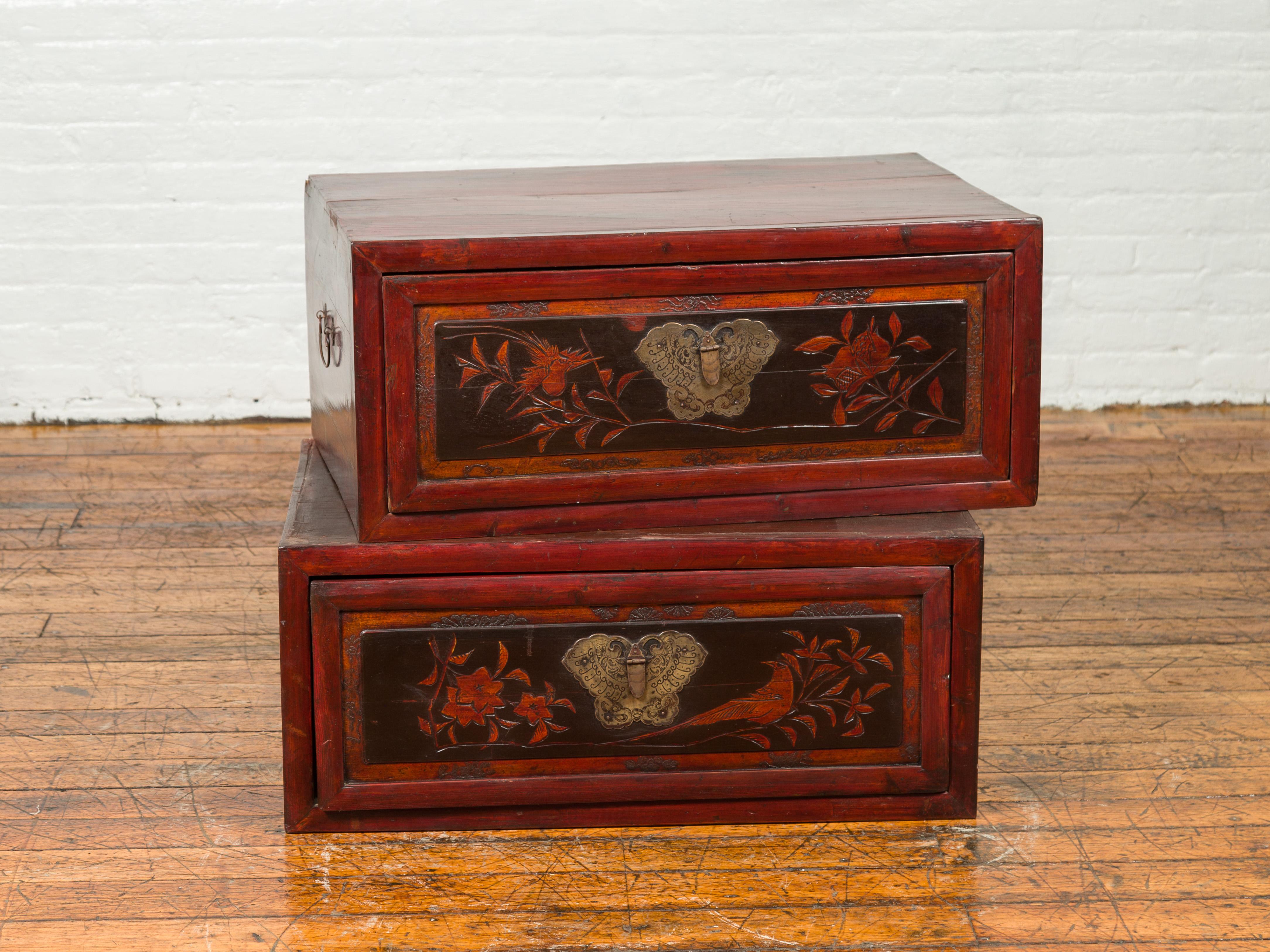 Chinese Red and Black Lacquered Two-Part Storage Cabinet with Bronze Hardware 2