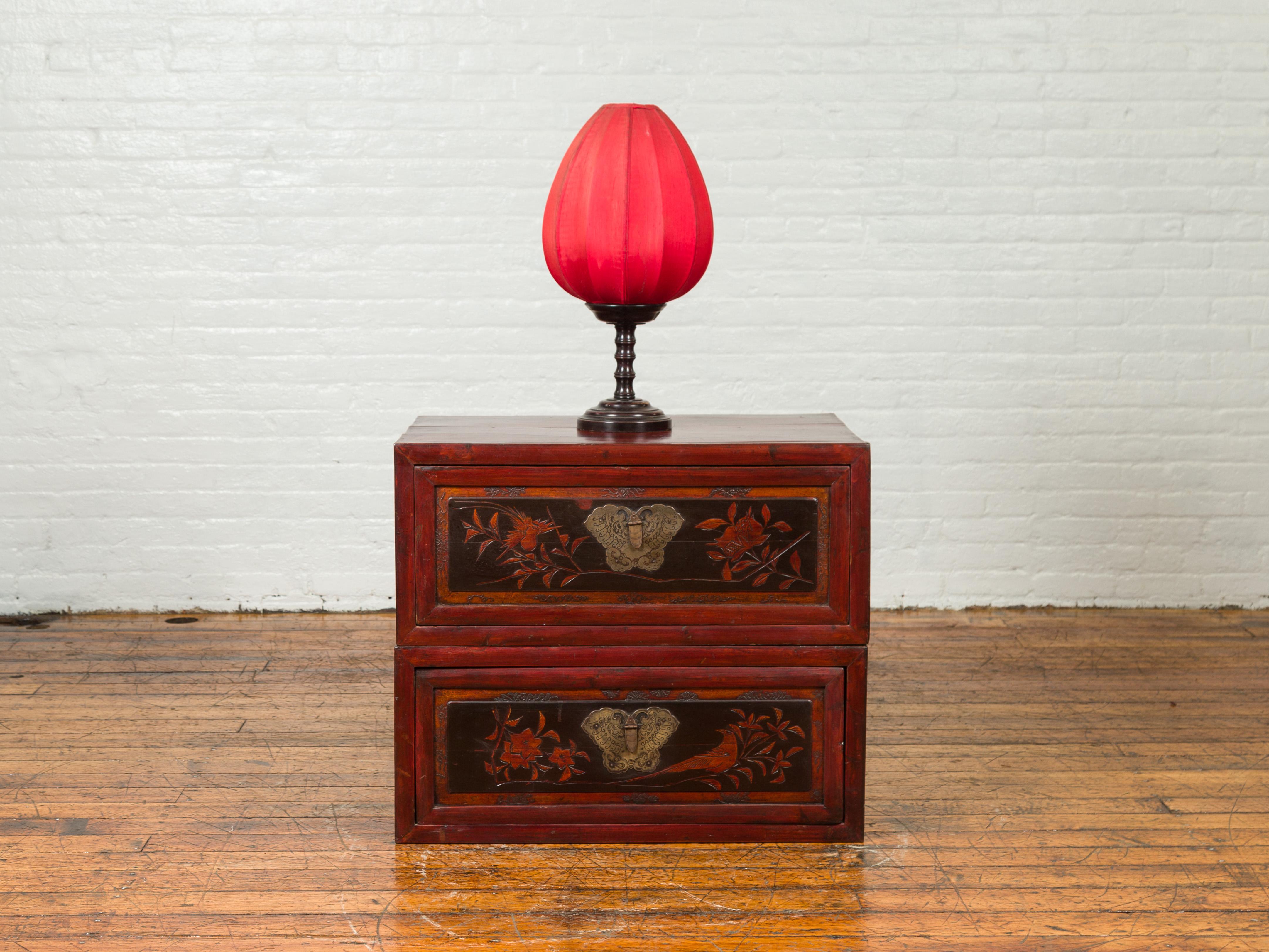 Chinese Red and Black Lacquered Two-Part Storage Cabinet with Bronze Hardware 3