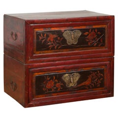 Chinese Red and Black Lacquered Two-Part Storage Cabinet with Bronze Hardware
