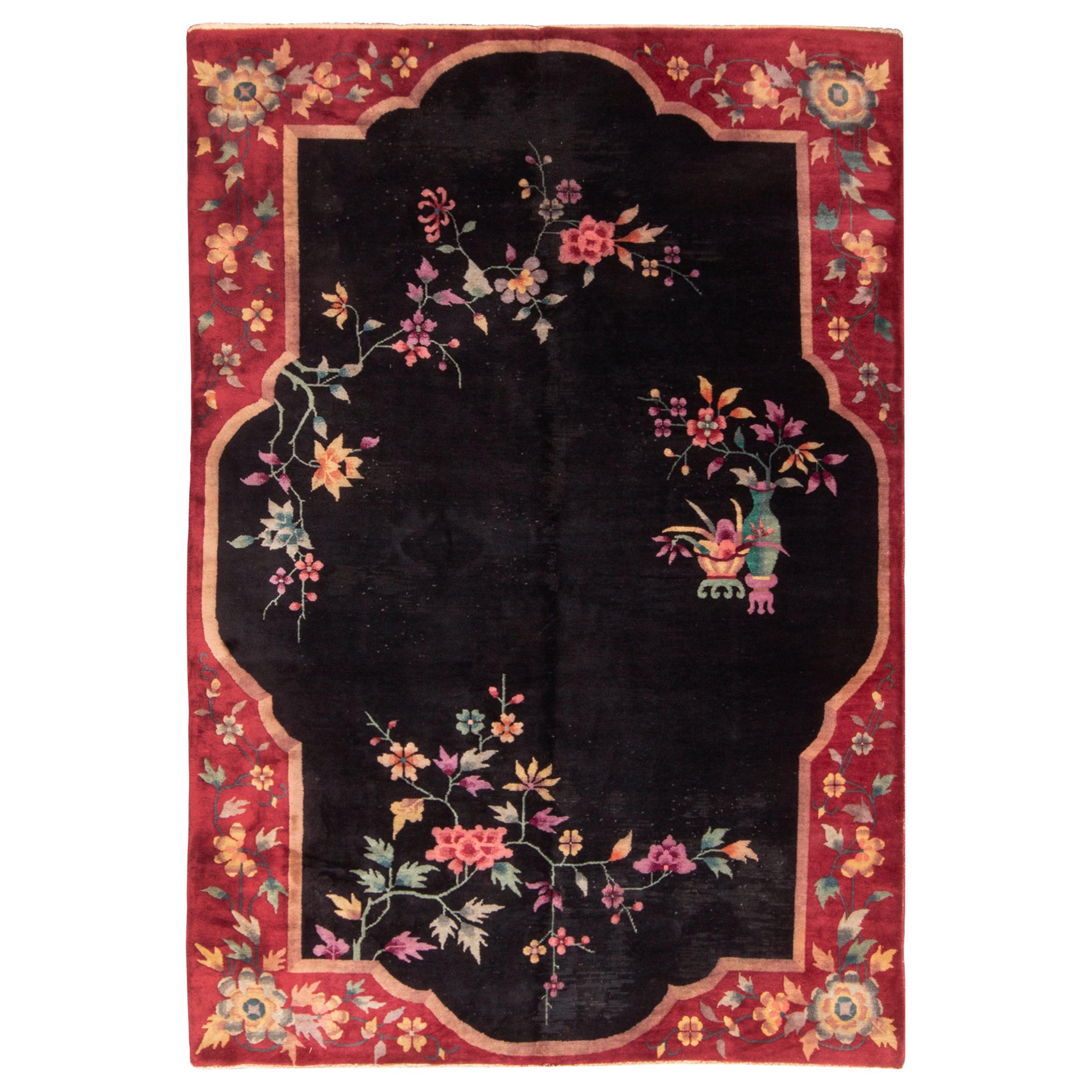 Chinese Red and Black Wool Rug with Art Deco Floral Patterns For Sale