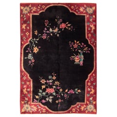 Antique Chinese Red and Black Wool Rug with Art Deco Floral Patterns