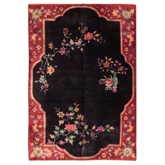 Chinese Red and Black Wool Rug with Art Deco Floral Patterns