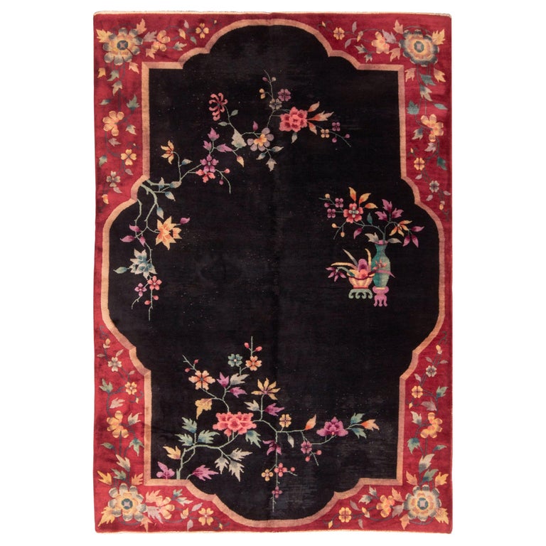 Chinese Red and Black Wool Rug with Art Deco Floral Patterns at 1stDibs