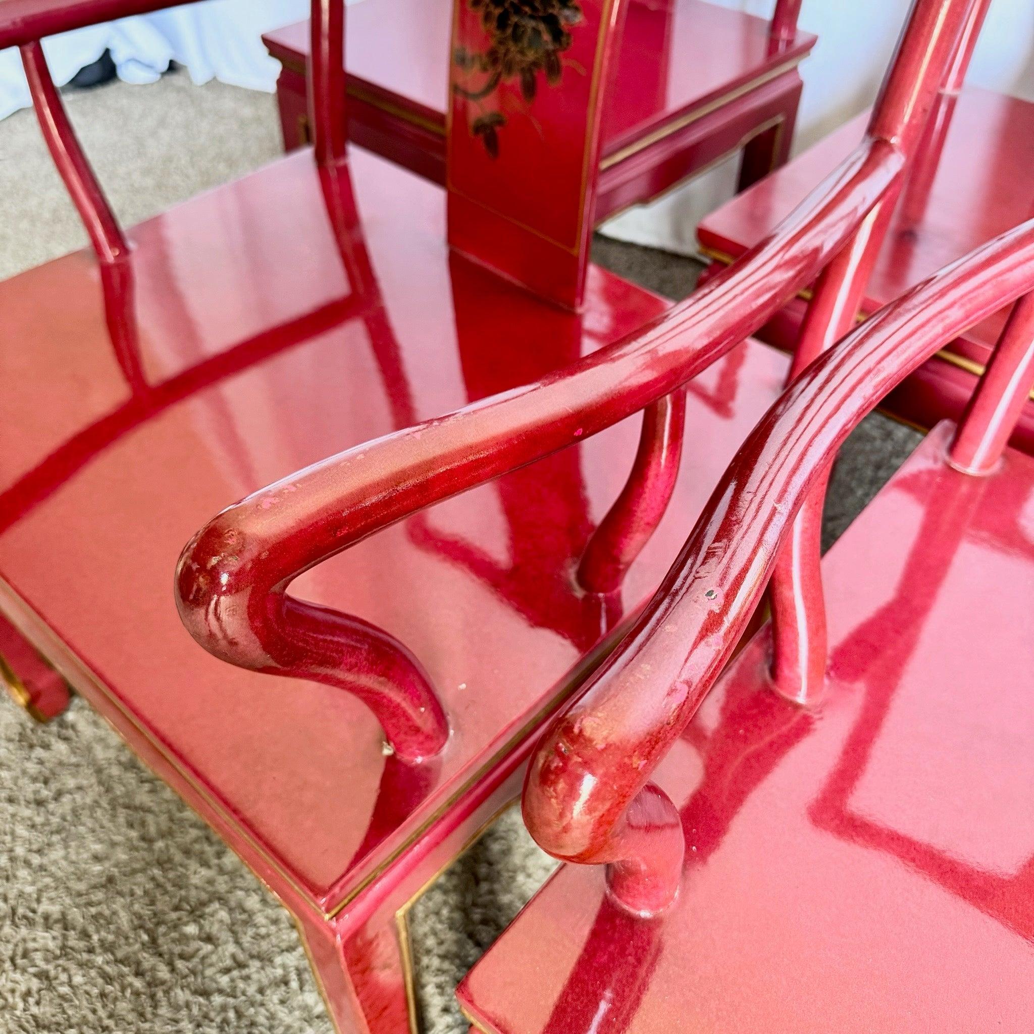 Chinese Red and Gold Lacquered Hand Painted Dining Chairs - Set of 6 For Sale 6