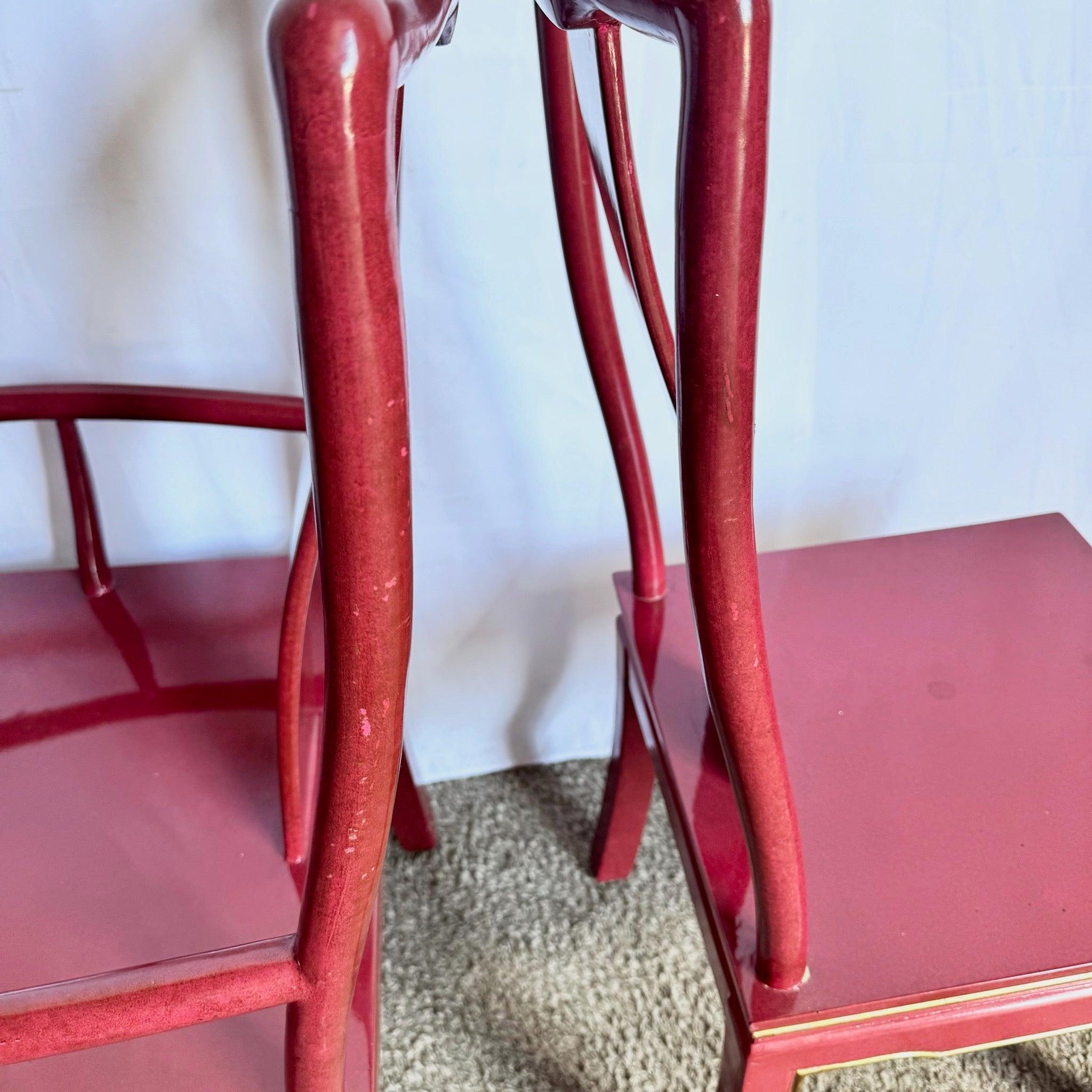 Chinese Red and Gold Lacquered Dining Chairs set of six showcases bold red lacquer and gold hand-painted florals—luxurious, artistic flair for elegant dining.
 

 Some wear to the finish as can be seen in the photos. 
 

 We sell items as acquired,
