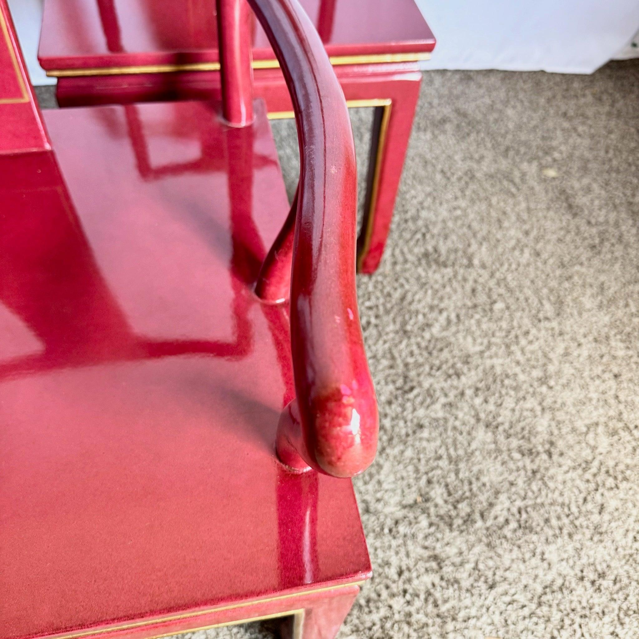 Chinese Red and Gold Lacquered Hand Painted Dining Chairs - Set of 6 In Good Condition For Sale In Delray Beach, FL