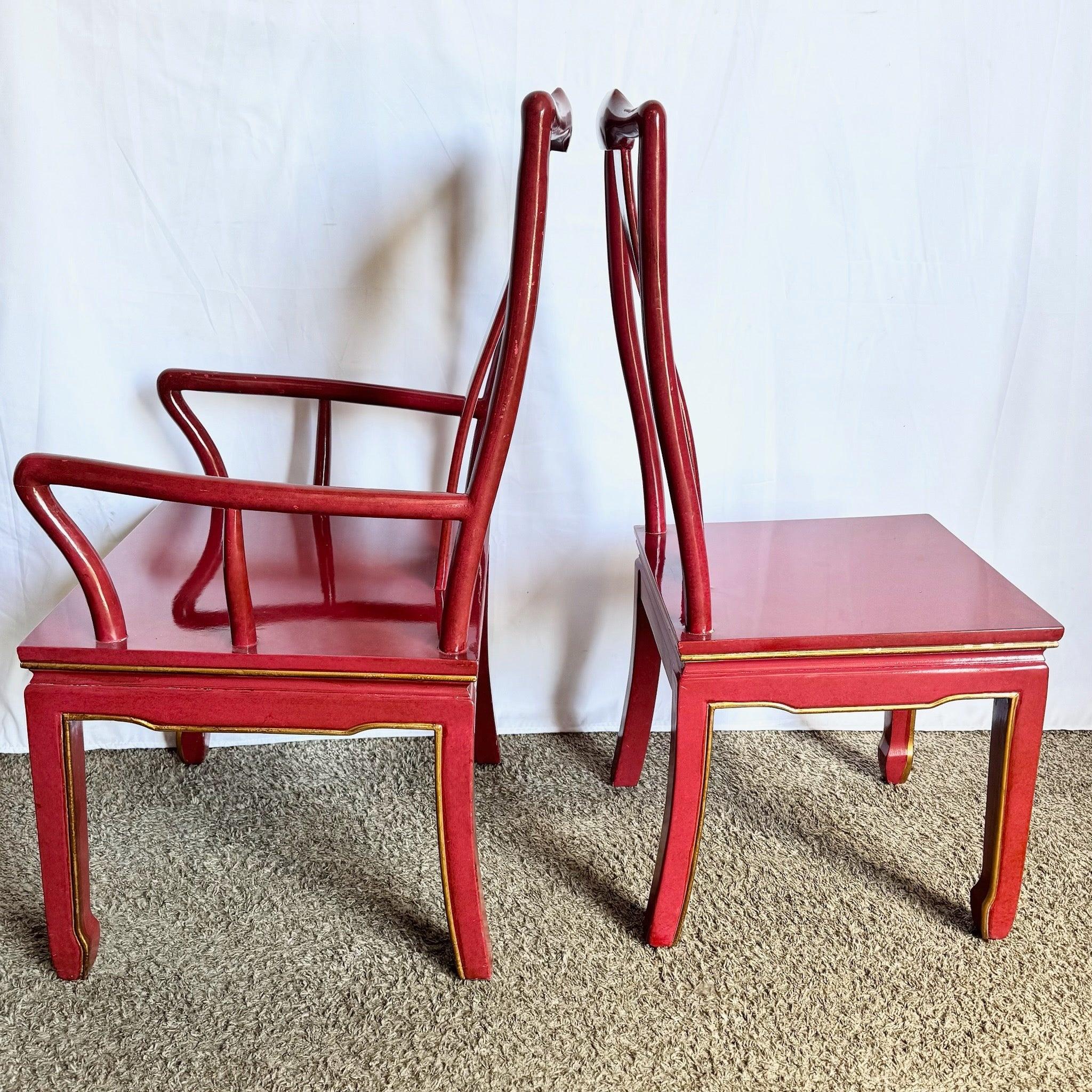 Late 20th Century Chinese Red and Gold Lacquered Hand Painted Dining Chairs - Set of 6 For Sale