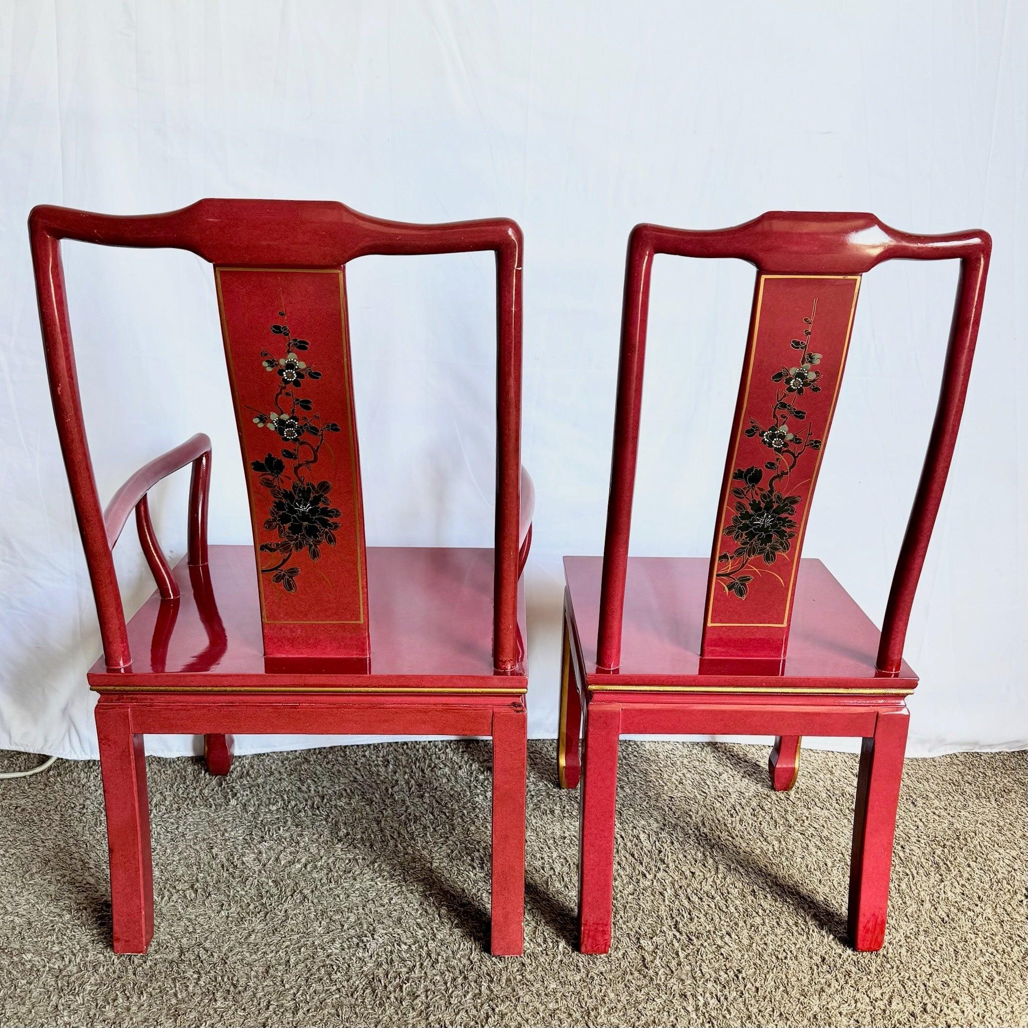 Wood Chinese Red and Gold Lacquered Hand Painted Dining Chairs - Set of 6 For Sale