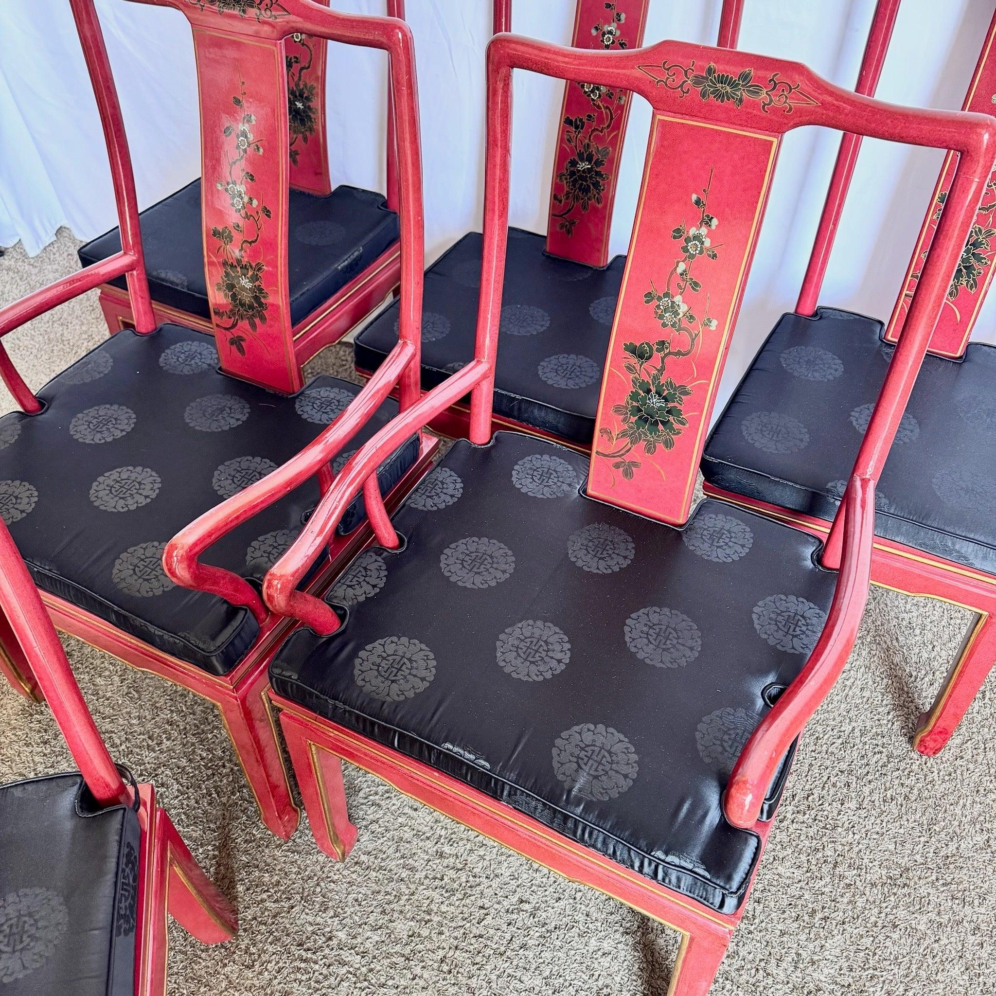 Chinese Red and Gold Lacquered Hand Painted Dining Chairs - Set of 6 For Sale 1