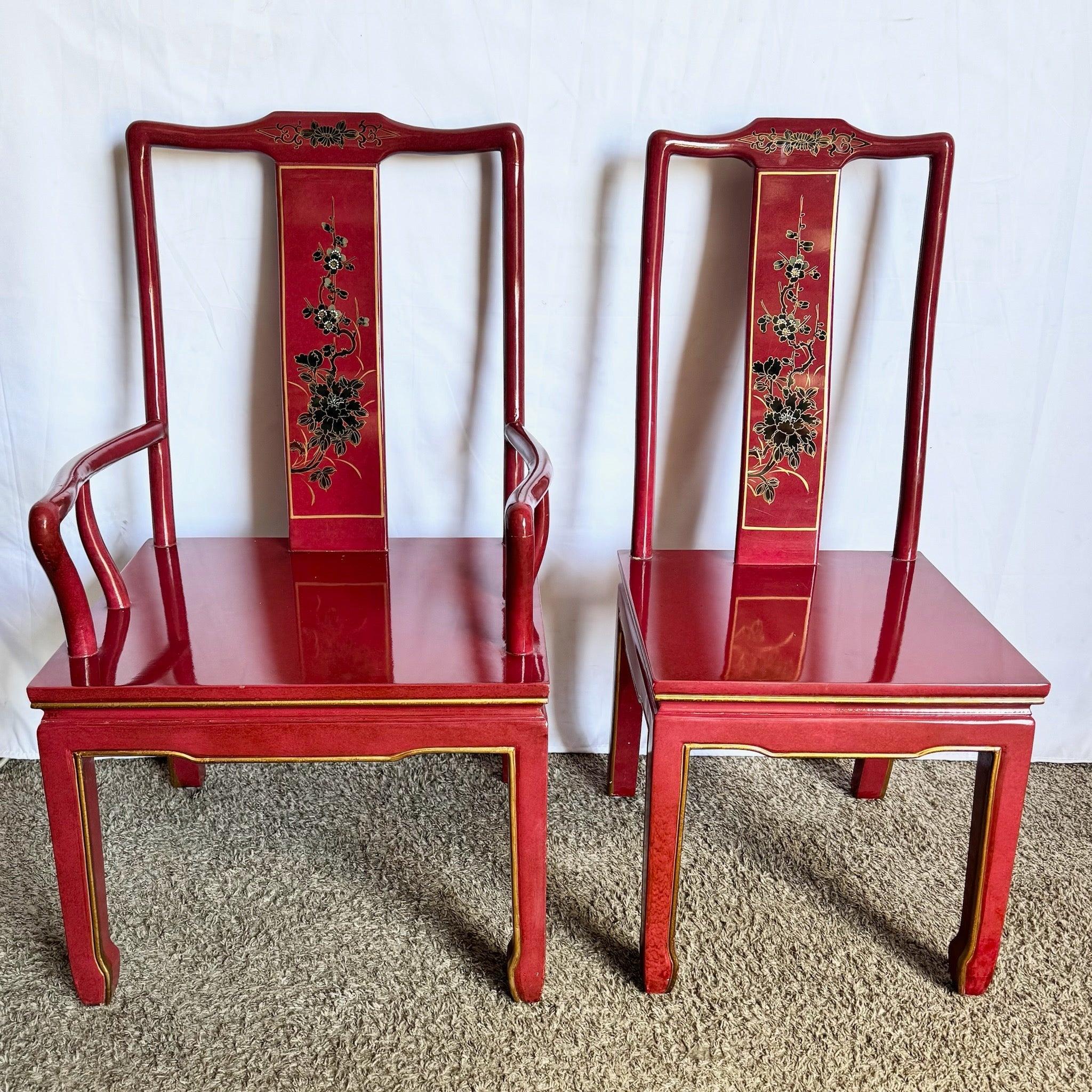 Chinese Red and Gold Lacquered Hand Painted Dining Chairs - Set of 6 For Sale 2