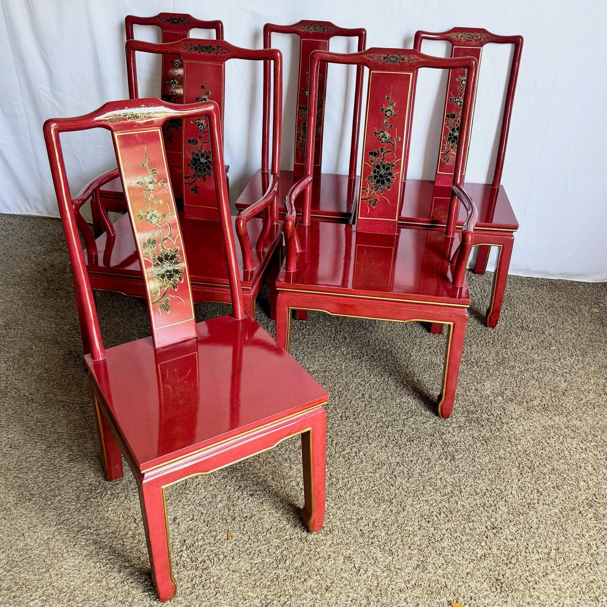 Chinese Red and Gold Lacquered Hand Painted Dining Chairs - Set of 6 For Sale 3