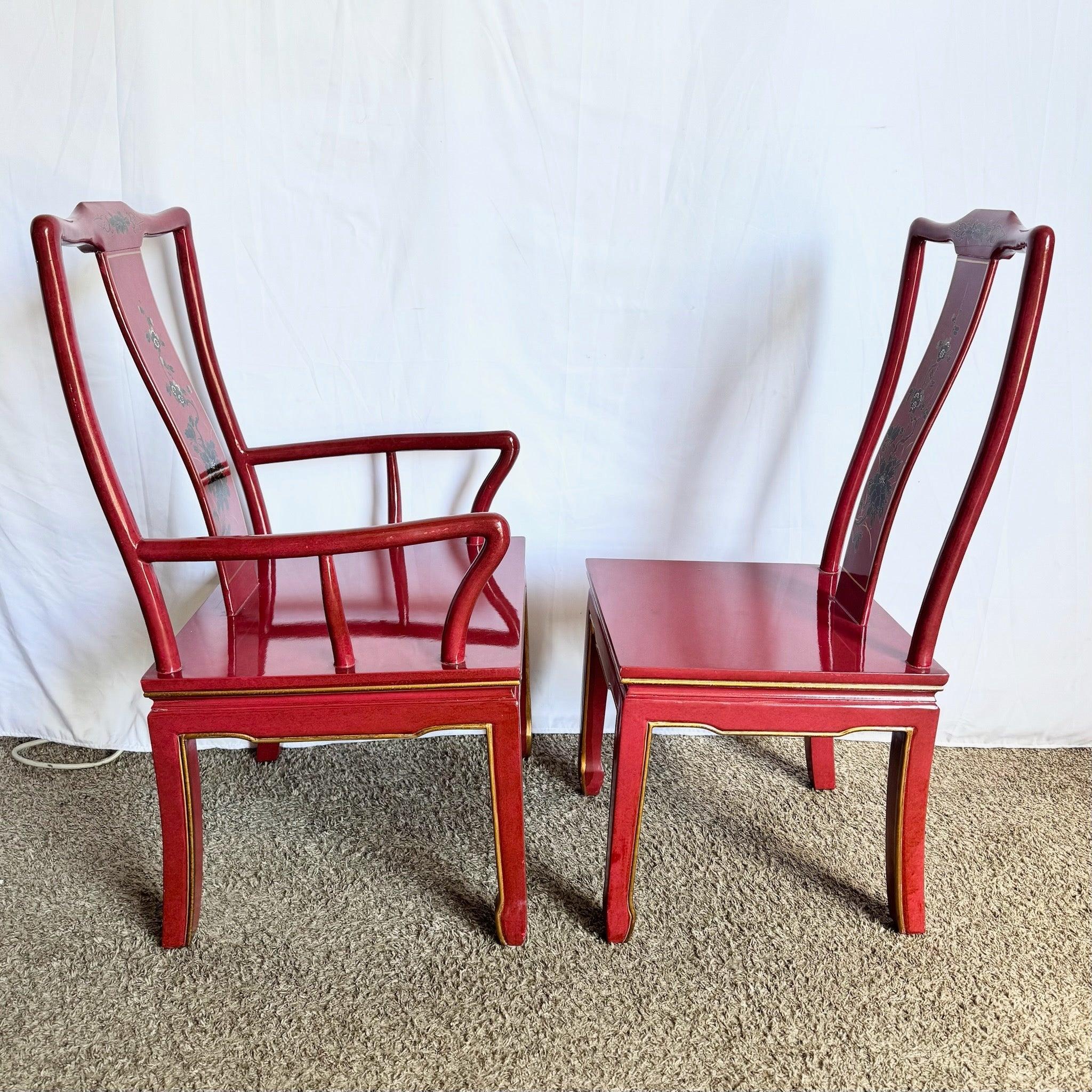 Chinese Red and Gold Lacquered Hand Painted Dining Chairs - Set of 6 For Sale 4