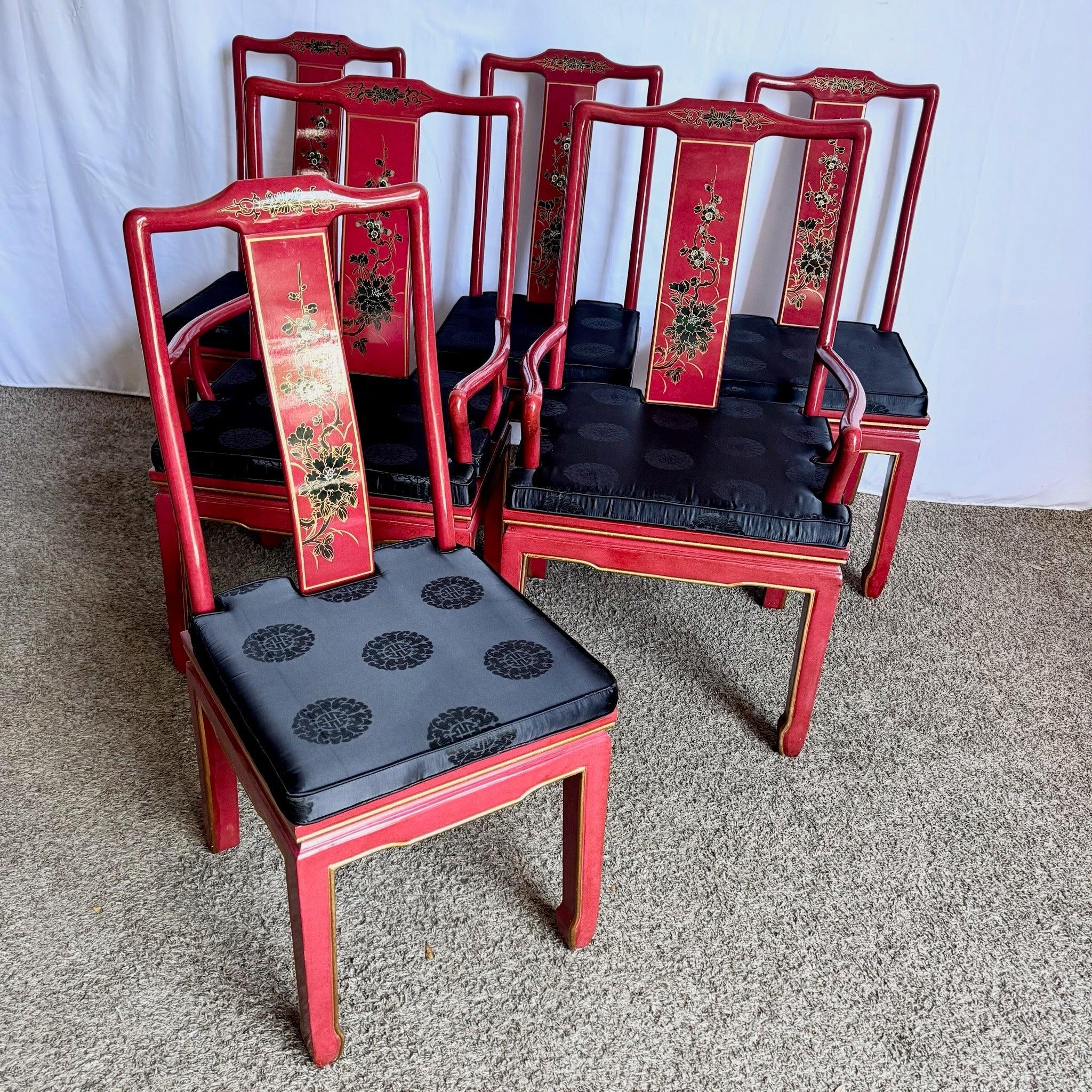 Chinese Red and Gold Lacquered Hand Painted Dining Chairs - Set of 6 For Sale