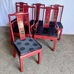 Chinese Red and Gold Lacquered Hand Painted Dining Chairs - Set of 6