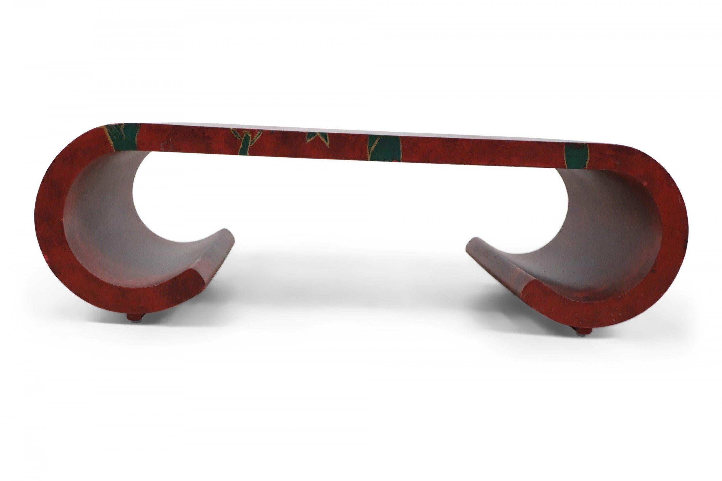 Chinese Red and Green Bamboo Motif Scroll Cocktail / Coffee Table For Sale 4