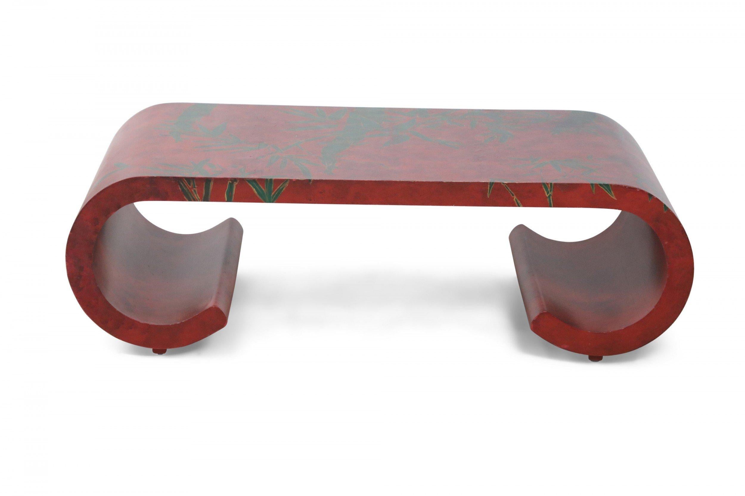 Chinese Red and Green Bamboo Motif Scroll Cocktail / Coffee Table In Good Condition For Sale In New York, NY