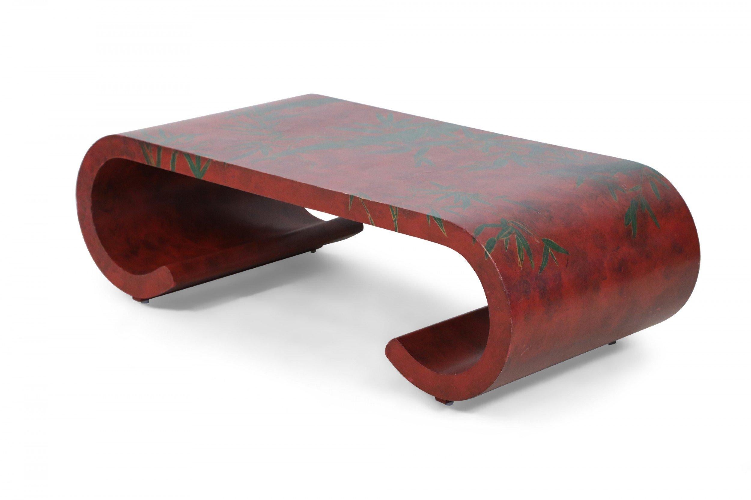 20th Century Chinese Red and Green Bamboo Motif Scroll Cocktail / Coffee Table For Sale